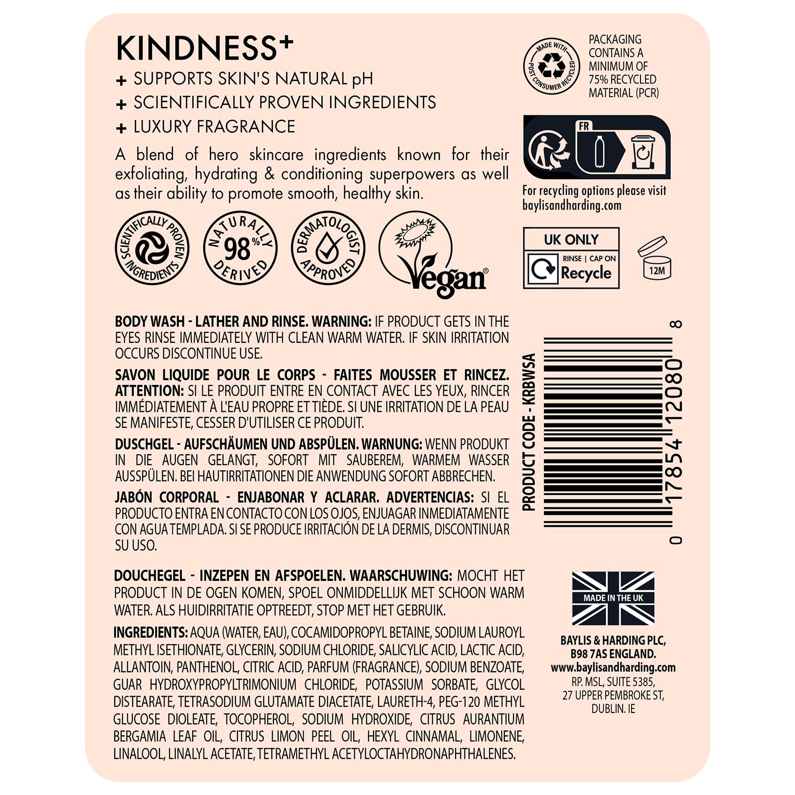 Baylis & Harding Kindness+ Salicylic Acid Cleanse & Renew, Dewbury & Lime Leaf Fragrance, 500ml Body Wash (Pack of 3) - Vegan Friendly - Image 3