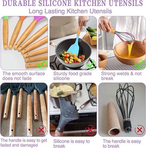 Miniatura 7 de Umite Chef Juego de utensilios de cocina de cocina, 33 piezas antiadherentes de silicona, juego de espátulas con soporte, mango de madera, juego de