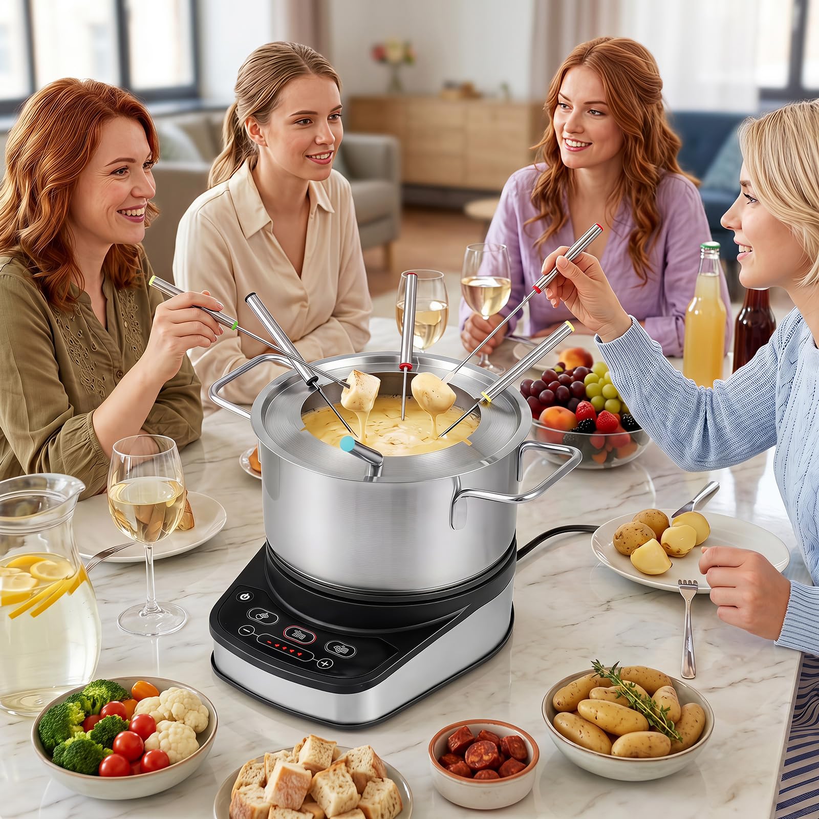 LIFEZEAL - Juego de fondue de 3 l para 6 personas, aparato de fondue eléctrico de 1200 W de acero inoxidable con termostato ajustable, base extraíble y 6 tenedores, para queso, chocolate y caldo