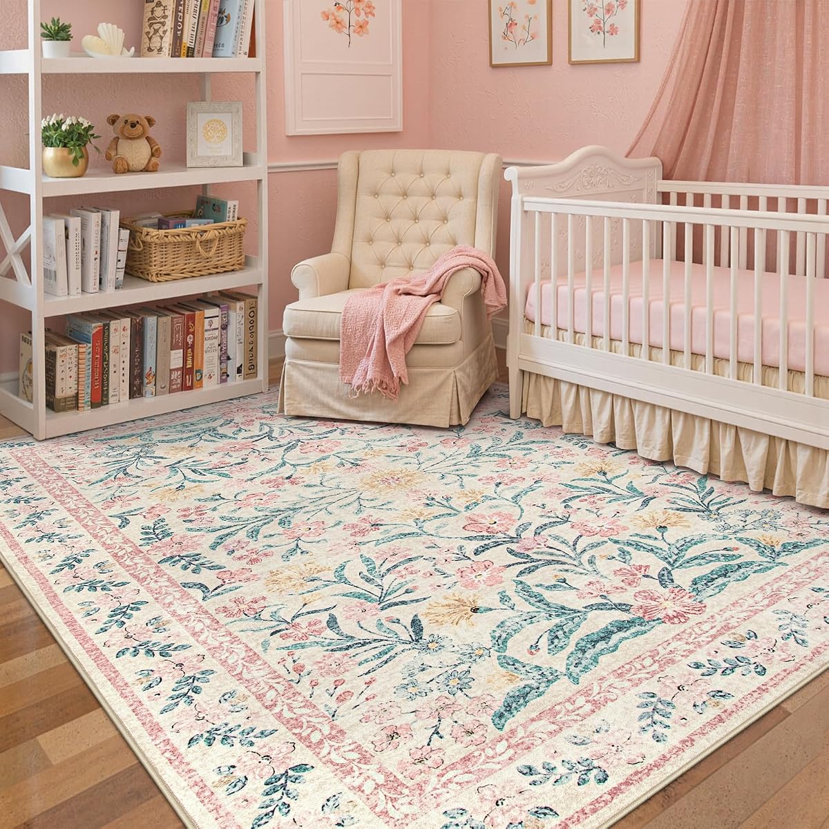 Pink Rugs for Nursery, 5x7 Washable Rug for Bedroom Girls, Boho Soft Floral Carpet Non Slip, Indoor Ultra-Thin Floor Carpet for Baby Kids Room Living Room Dorm Decor