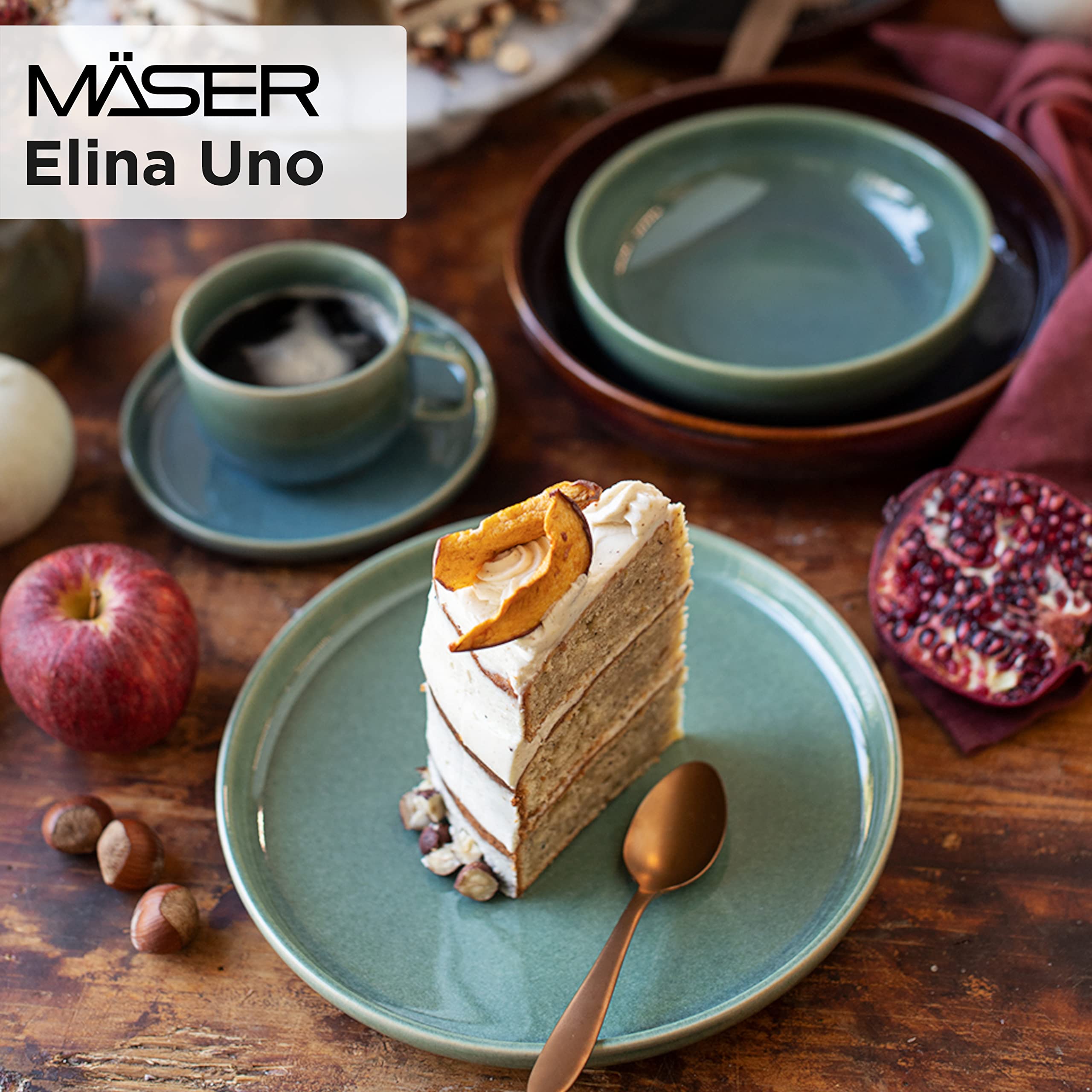 MÄSER Serie Elina Uno, Modernes Kaffeegeschirr Set mit unregelmäßiger Effektglasur für 4 Personen, mit Dessertteller, Kaffeetassen und Untertassen, 12-teiliges Kaffeeservice, Steinzeug, Beach