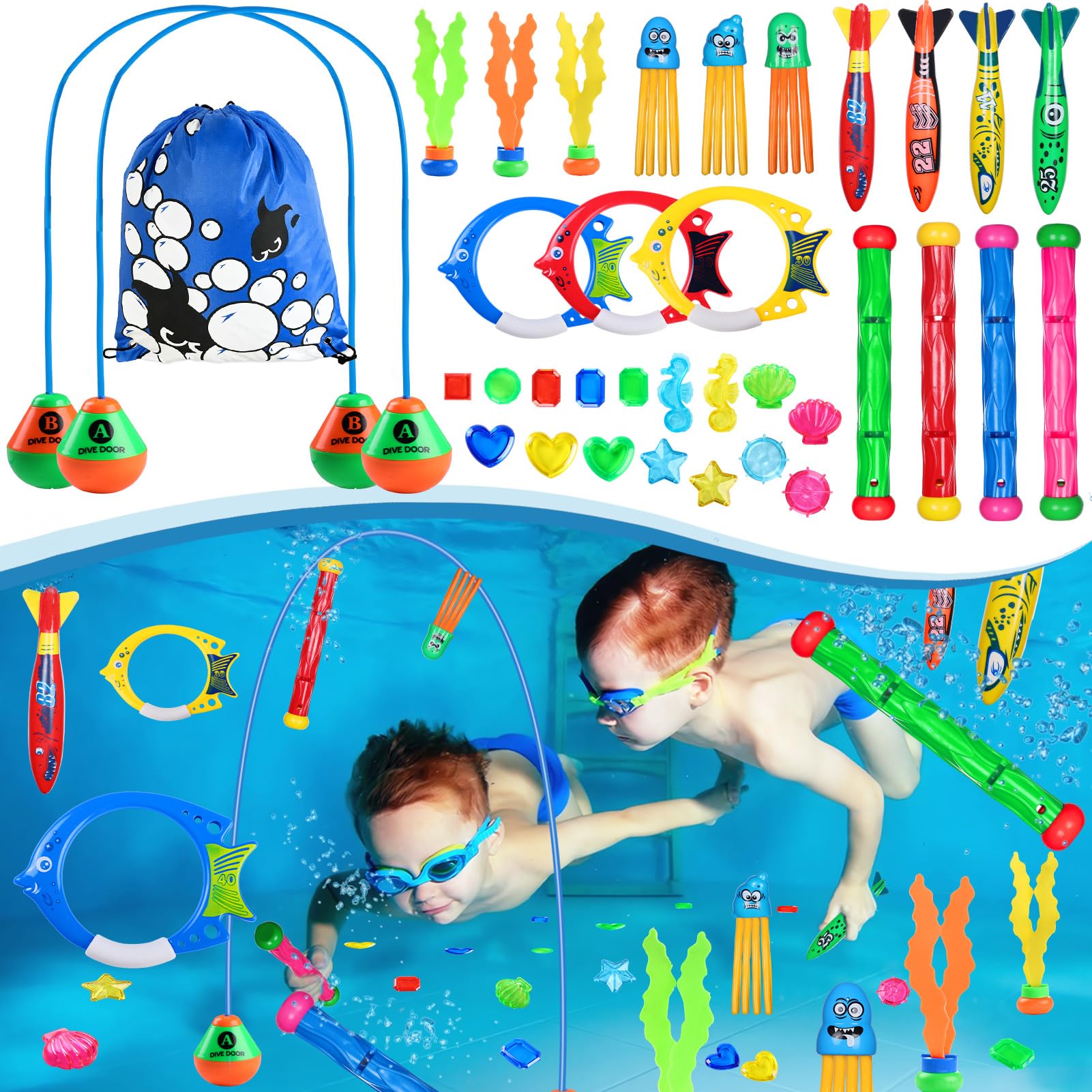 Juguetes Piscina, 35 pcs Juguetes Buceo Piscina Niños, 1.5 m Anillos de Buceo, Juguete Aventura Subacuática para Verano Divertido (Juguetes Piscina)