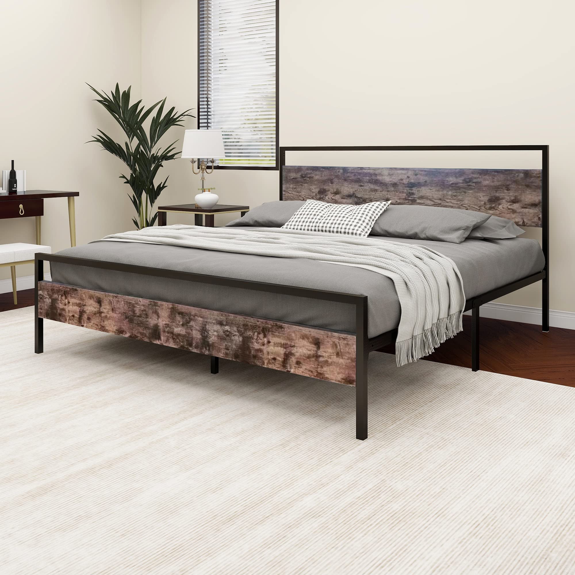 NNV Metal Platform King Size Bed Frame with Wooden Headboard and Footboard, Strong Metal Slats Support Mattress Foundation No Box Spring Needed Easy Assembly Black