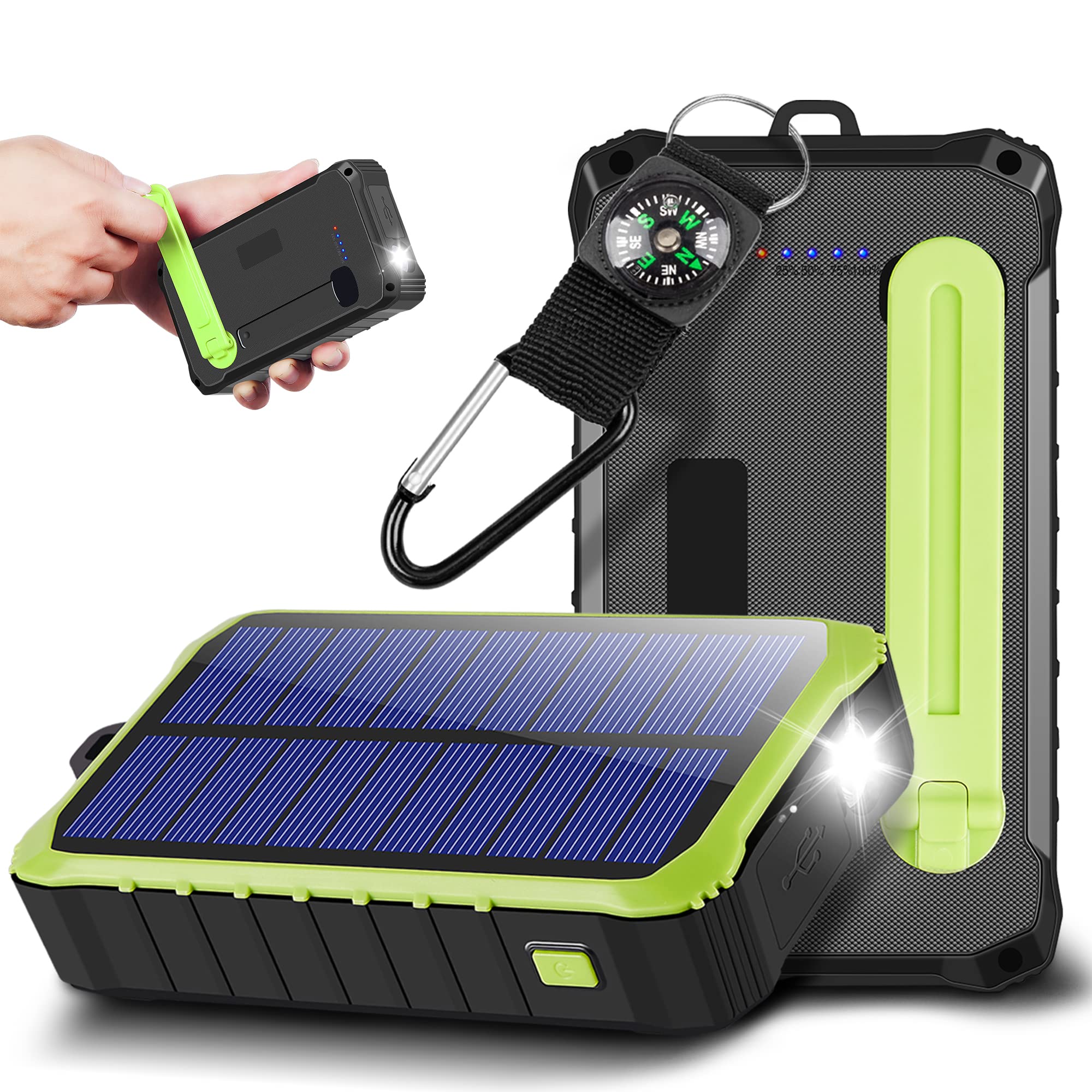 Solar Power Bank 12000mAh Hand Crank Solar Charger with LED Flashlights, Dual Outputs & one Inputs for Smartphones,Tablets And Outdoor Camping Torch Backup Battery (green)