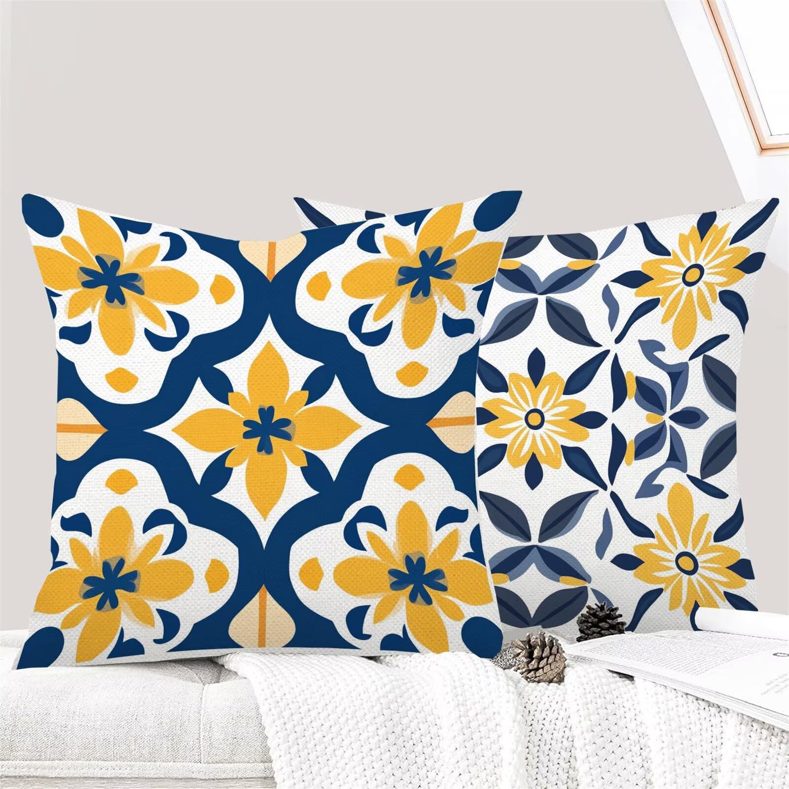Housse Coussin 45 x 45 cm Lot de 4 Coussin Canape Rural Bleu Decoration Canapé d'extérieur, avec Fermeture éclair Caché, Imperméable Lin Coussincarré pour Extérieur Maison Chaise Jardin Salon m-486