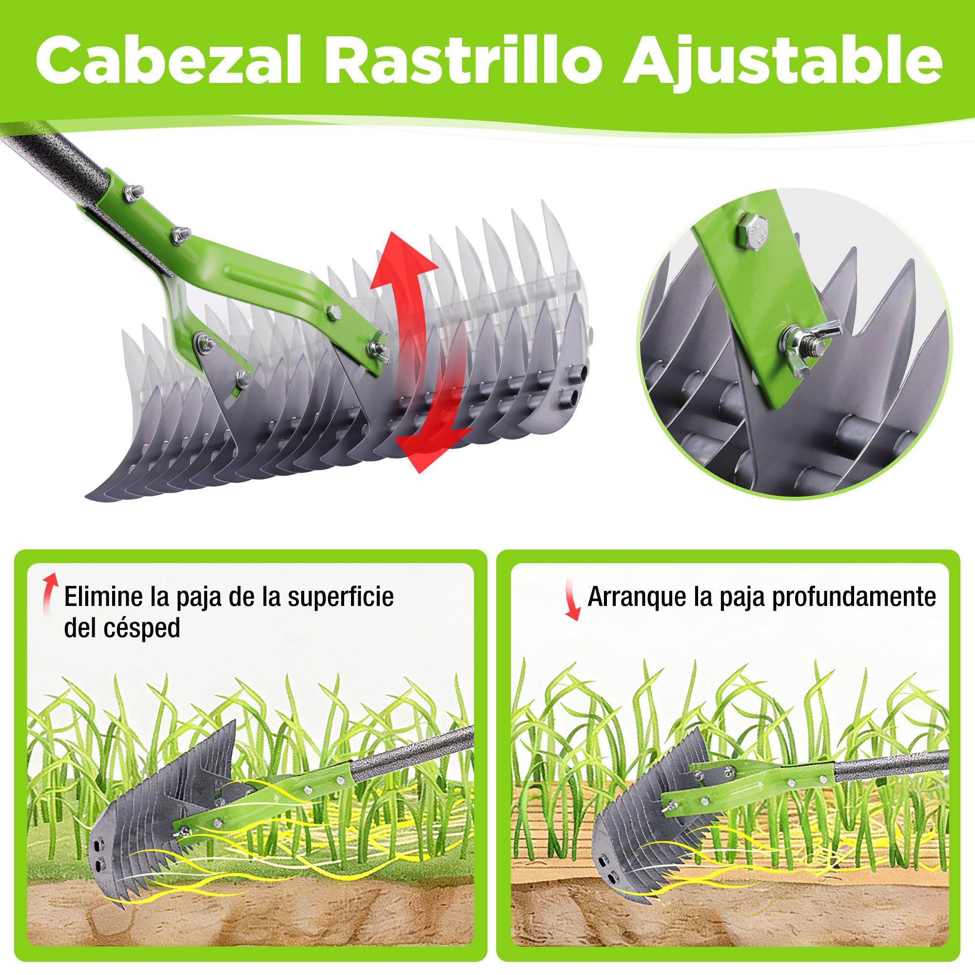 WORKPRO Rastrillo Escarificador para Césped 178 cm, Rastrillo Dethatcher Heavy Duty con Cabezal Ajustable y Mango Telescópico, para Eliminar Hierba Muerta, Restos de Corte y Aflojar el Suelo
