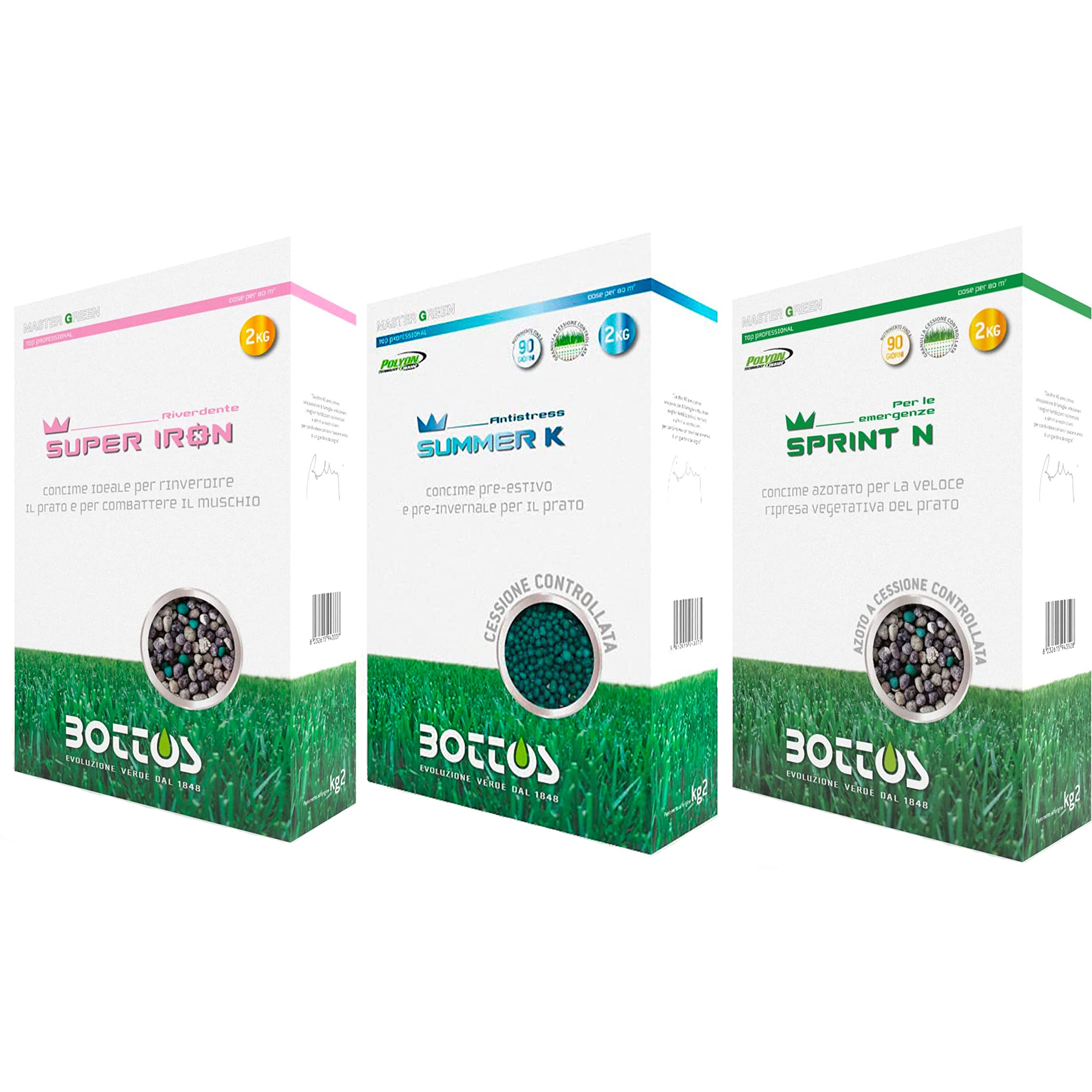 FCI-I MAGNIFICI 3: Rinverdente SUPER IRON 2 KG, Antistress concime Pre-Estivo SUMMER-K 2 KG, concime azotato per la veloce ripresa del prato SPRINT-N 2 KG