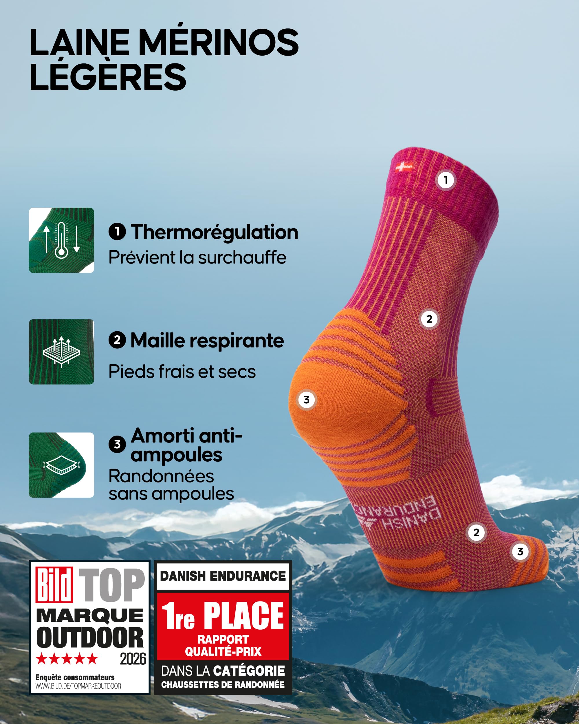 DANISH ENDURANCE Chaussettes de Randonnée en Laine Mérinos Légères Anti-Ampoules Unisexe
