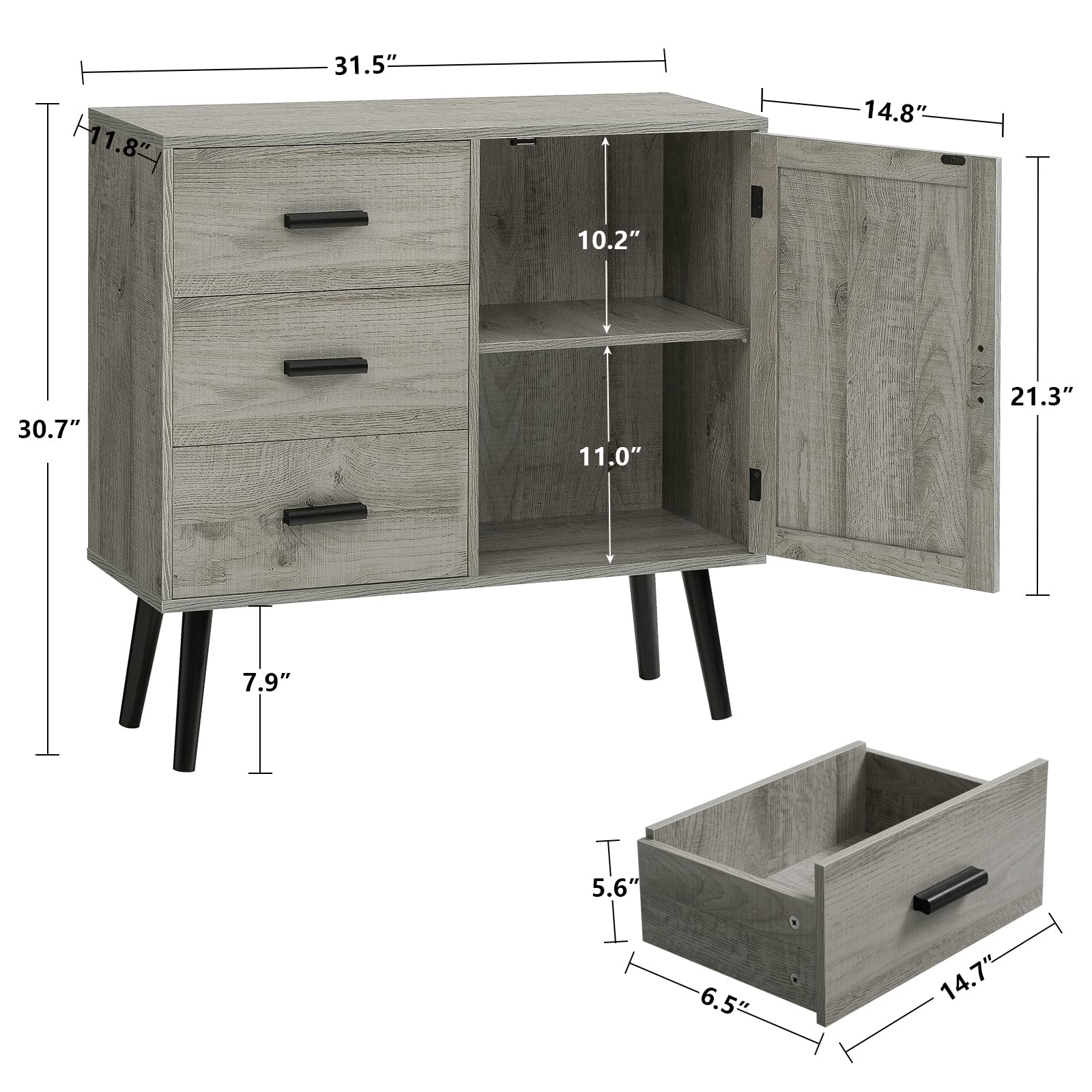 WEENFON Storage with 3 Drawers & Barn Door, Mid Century Floor