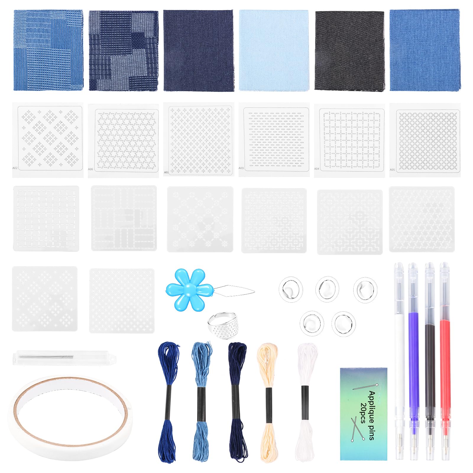 Sashiko Stencil Set, Sashiko Templates Include Water-Soluble Fabrics, Disappearing Marker, Embroidery Templates, Thread and Needles, Embroidery Stencils for Hand Quilting, Sewing and Textile Design