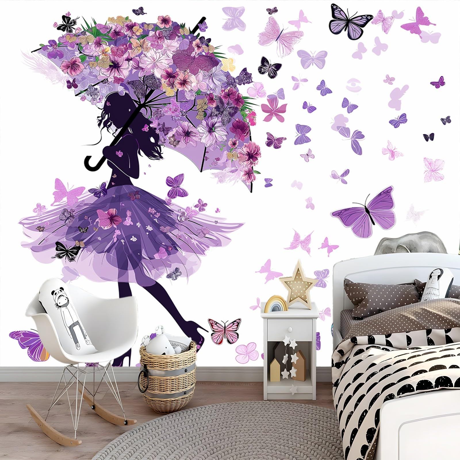 Samoprzylepna tapeta, piękna dziewczyna motyl sztuka ścienna naklejki na meble sypialnia salon 250 x 175 cm fioletowa tapeta ścienna zdjęcie dzieci plakat DIY dekoracja