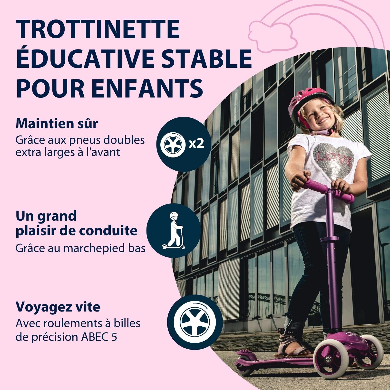 HUDORA Scooter Flitzkids 2.0 - Trottinette Stable avec Une Grande Plateforme - Réglable en Hauteur et transportable - Mini-Trottinette à Trois Roues en Aluminium pour Enfants jusqu'à 50kg - Wonders