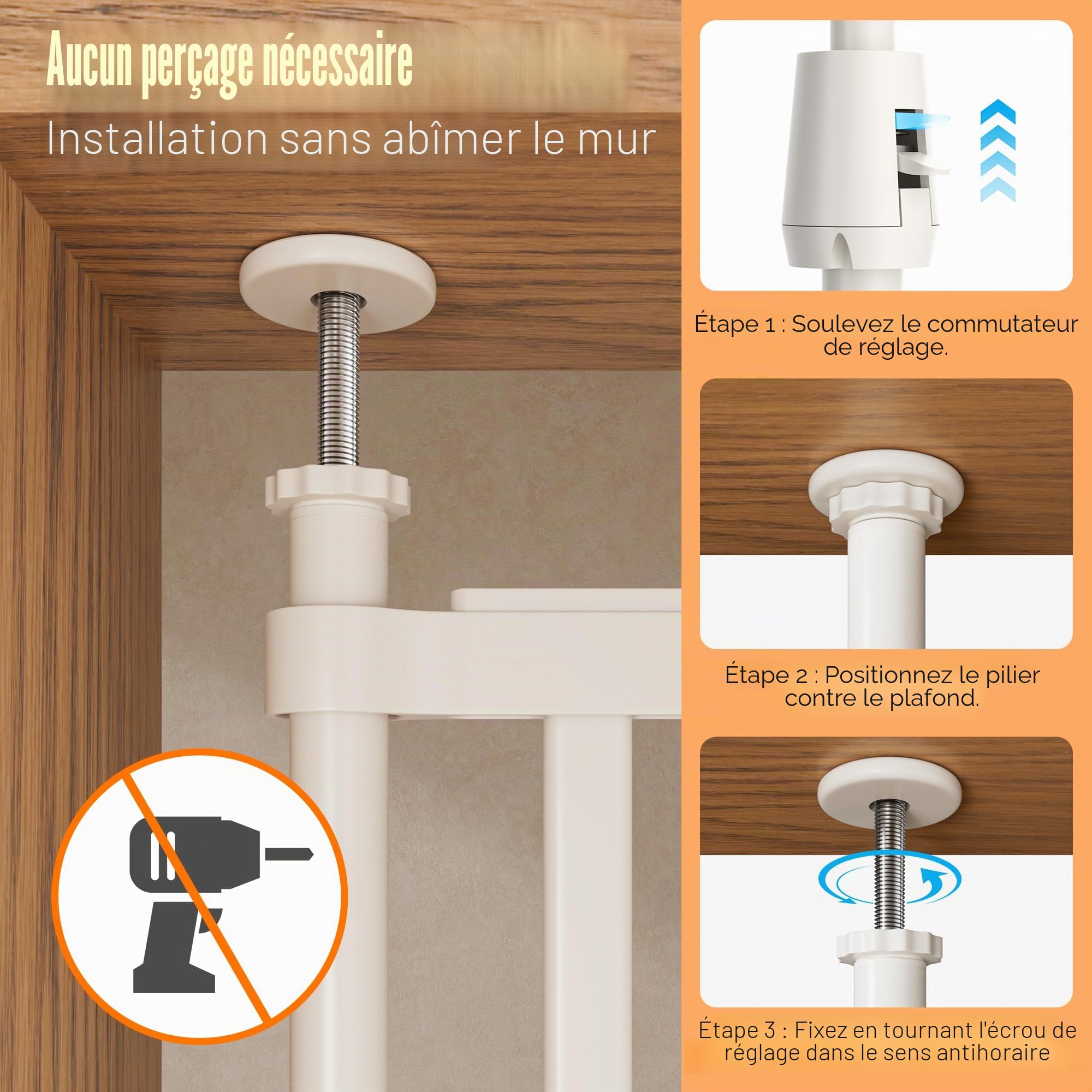 Barrière de sécurité pour chat de 180,3 cm de haut, 86 à 90 cm de large, espace extra étroit de 3,4 cm, fermeture automatique, sans perçage, double porte pour animaux de compagnie pour portes, cuisine