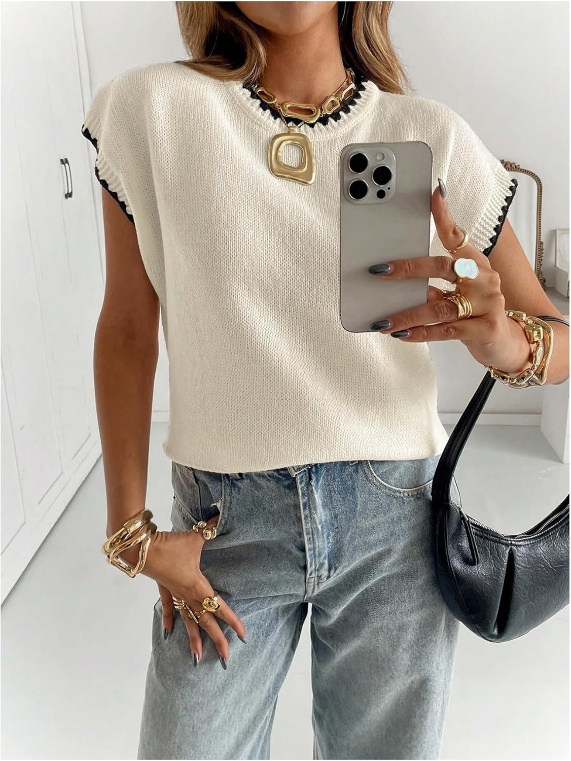 QJQ Women's Ribbed Sweaters Contrast Trim Short Sleeve Crew Neck Knit Vest Lightweight Business Casual Pullover Tops - Image 4