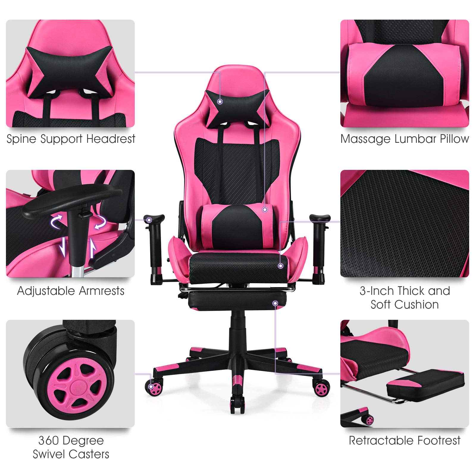 Giantex Massage Gaming Chair Pink Ergonomic Video Game Chair with Footrest High Back E-Sport Computer Chair with Headrest & Massager Lumbar Support PU Leather Gaming Seat product thumbnail 8