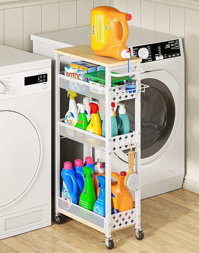 OKZEST Rolling Slim Storage Cart, 4-Tier Narrow Bathroom Laundry Room Organization Cart, Metal Kitchen Storage Mobile Shelf Unit Organizer with Wood Top, Slim Utility Cart with Wheels for Small Space