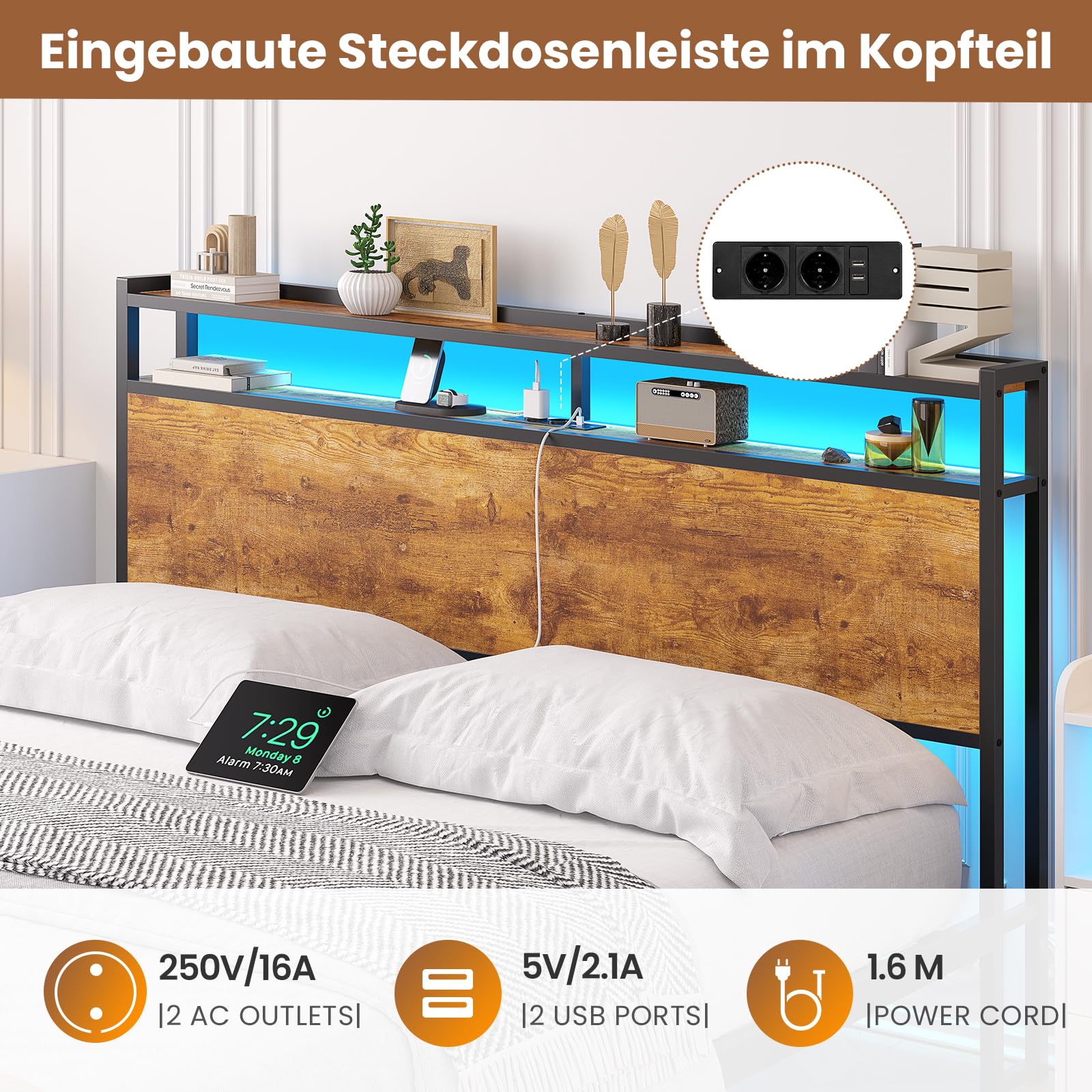 Brinlawb Bett 140x200 mit Lattenrost aus Metall Doppelbett mit LED Beleuchtung und Ladestation (2 AC-Steckdosen 2 USB-Anschlüsse) Bettrahmen, Bettgestell 140x200cm mit Holzkopfteil und Stauraum, Braun