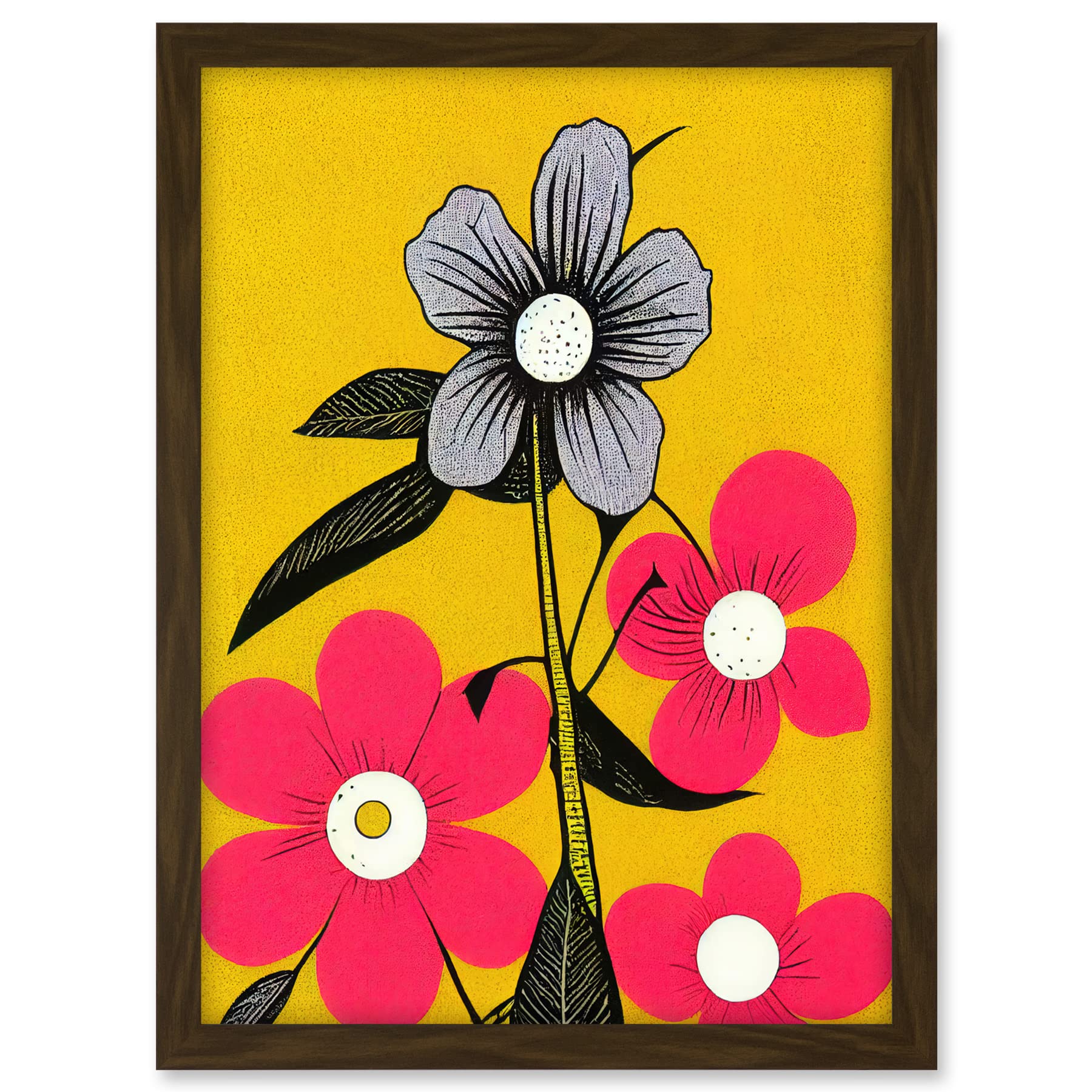 Wee Blue Coo Bold Flowers Linocut Pink and Mustard Yellow Print Artwork Framed A3 Wall Art Print