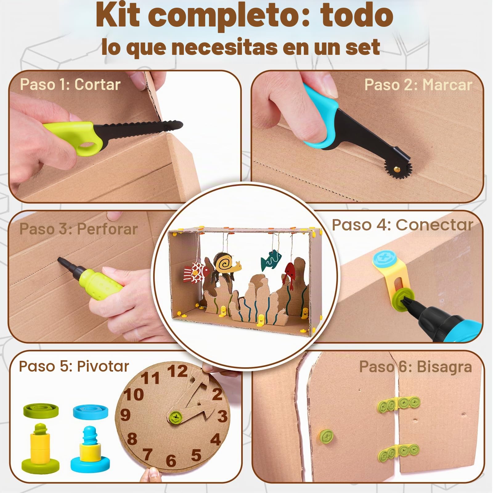 Kit de Herramientas de Cartón para Niños - Caja de Herramientas de Construcción de Cartón de 258 Piezas - con Taladro, Sierra de Seguridad, Punzón, Bisagras y Tornillo, Bolsa de Cintura