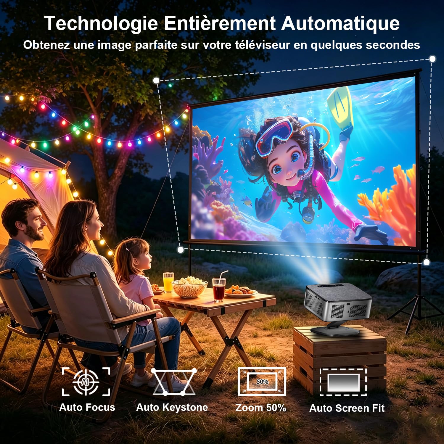 【1500 ANSI/Google TV/Auto Focus】 XIWBSY Videoprojecteur 4K Supporté, 38000 Lumen FHD, 360° Rotation, Projecteur Video 4K Contrôle Vocal, Retroprojecteur WiFi6 Bluetooth 5.3