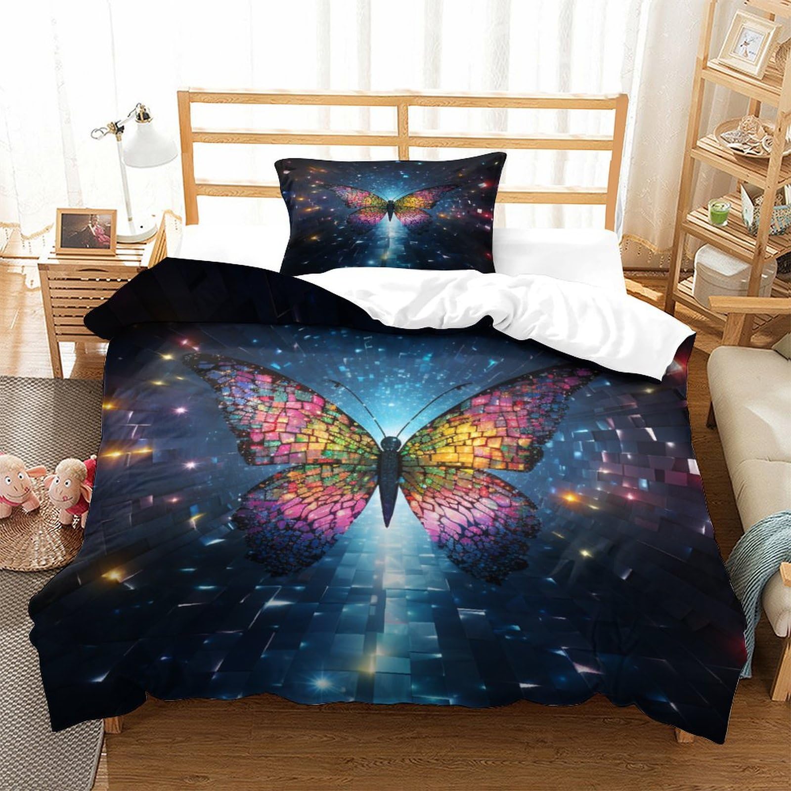 P1S9U7W5Y 3D Printed Dreamy Butterfly Duvet Cover Set 3 Pieces Microfiber Starry Sky Bedding Set for Adults Soft Breathable Bedroom Decor Single（135x200cm）