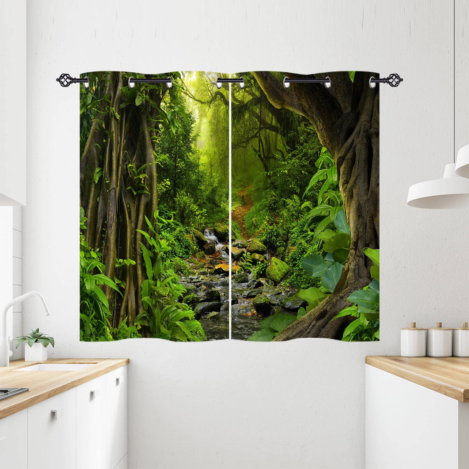 ANHOPE Jungle Curtains Eyelet Thermal Insulated Blackout Curtains Tropical Rainforest Jungle Forest Tree River Print Pattern Ring Top Window Drapes for Bedroom Living Room 28 x 54 Inch Drop 2 Panels