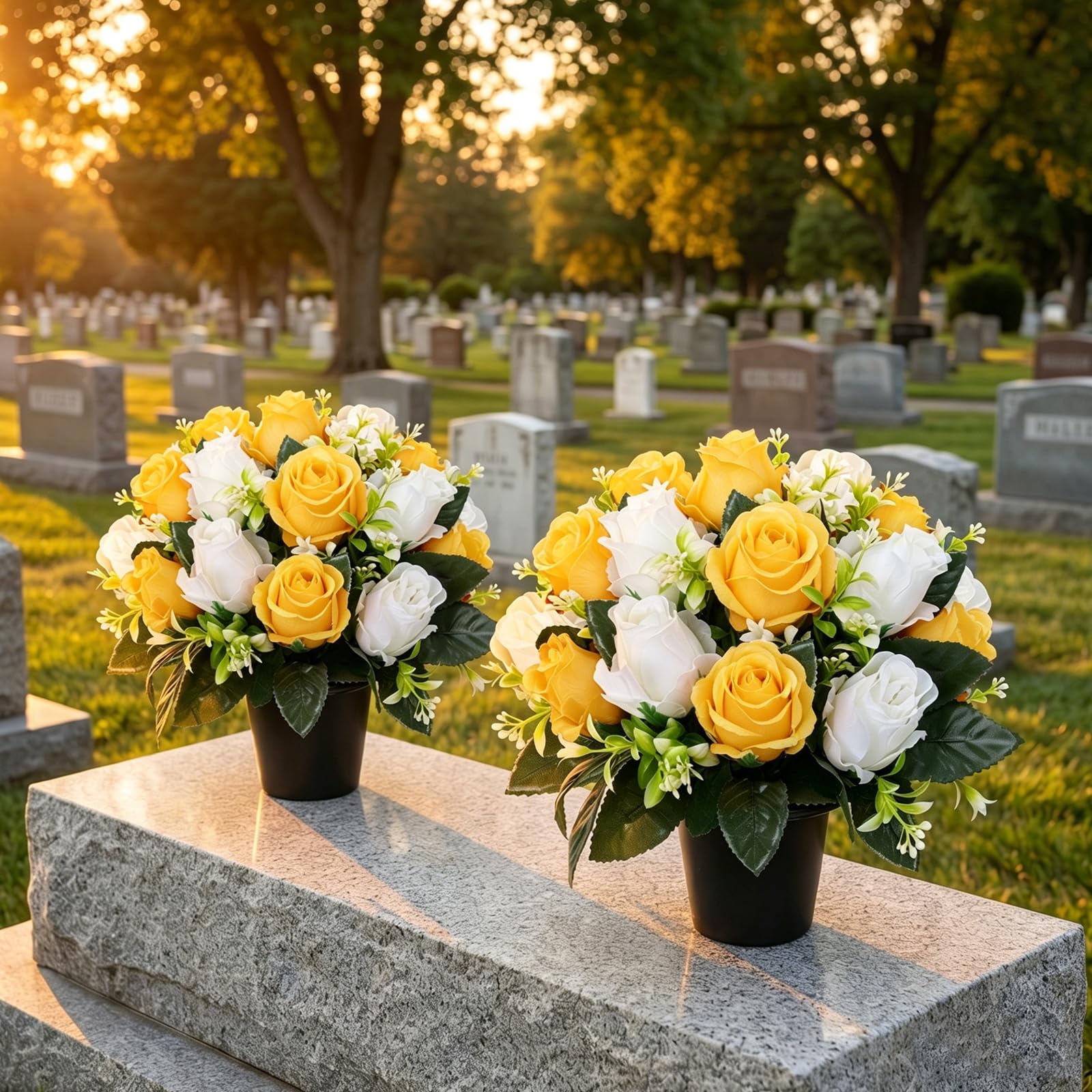2 fiori artificiali per tombe, 18 rose gialle bianche e gialle, vasi da fiori finti per cimitero, ornamenti per cimitero in seta, decorazioni per esterni, funerali, commemorazioni funebri per