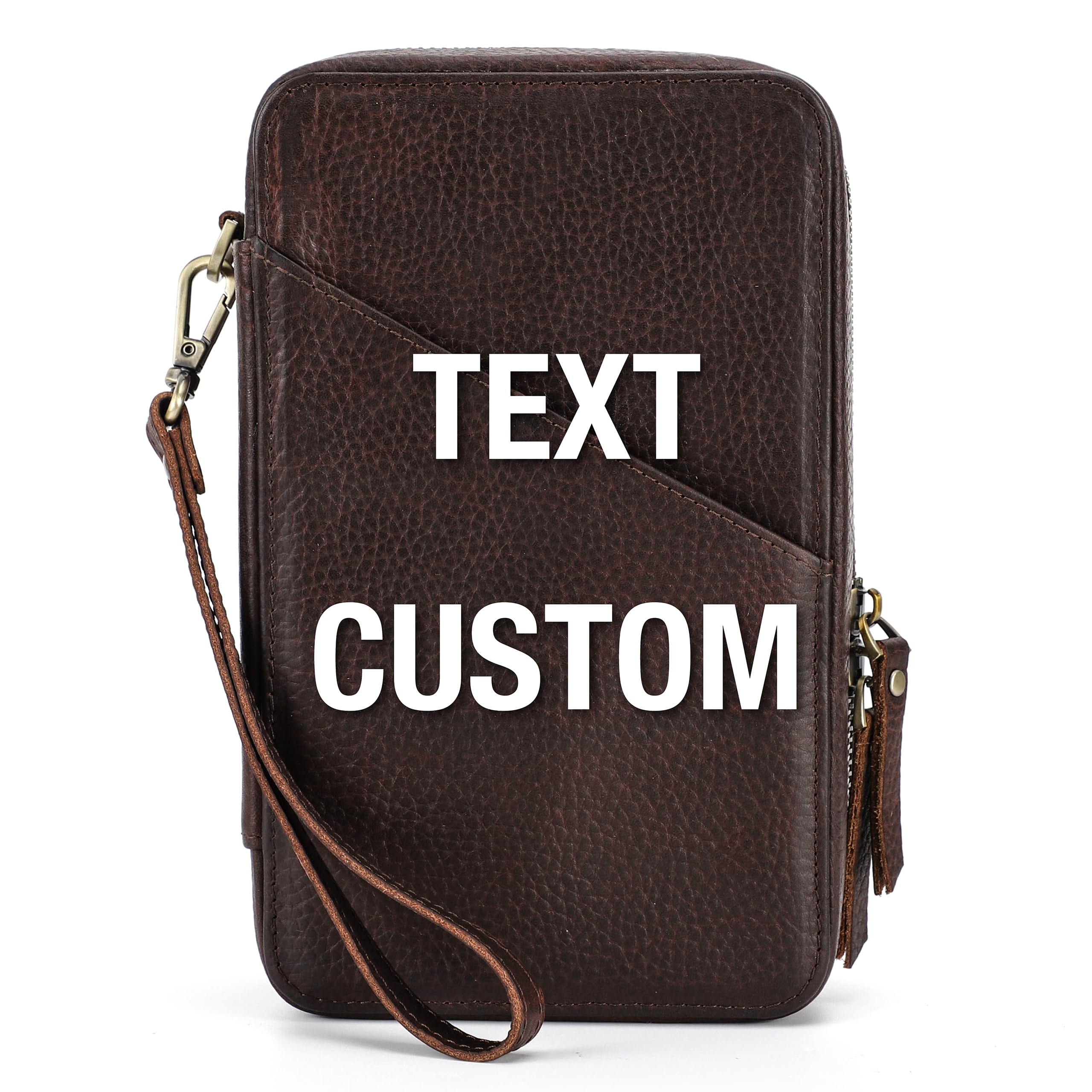 CataPurus Top Grain Leather Text Custom Electronic Organizer Zipper Bag Tech Pouch, Handmade, Portable Compact Travel Storage Cases for Phone, USB Cables, Power Banks, Chargers, Hard Drive