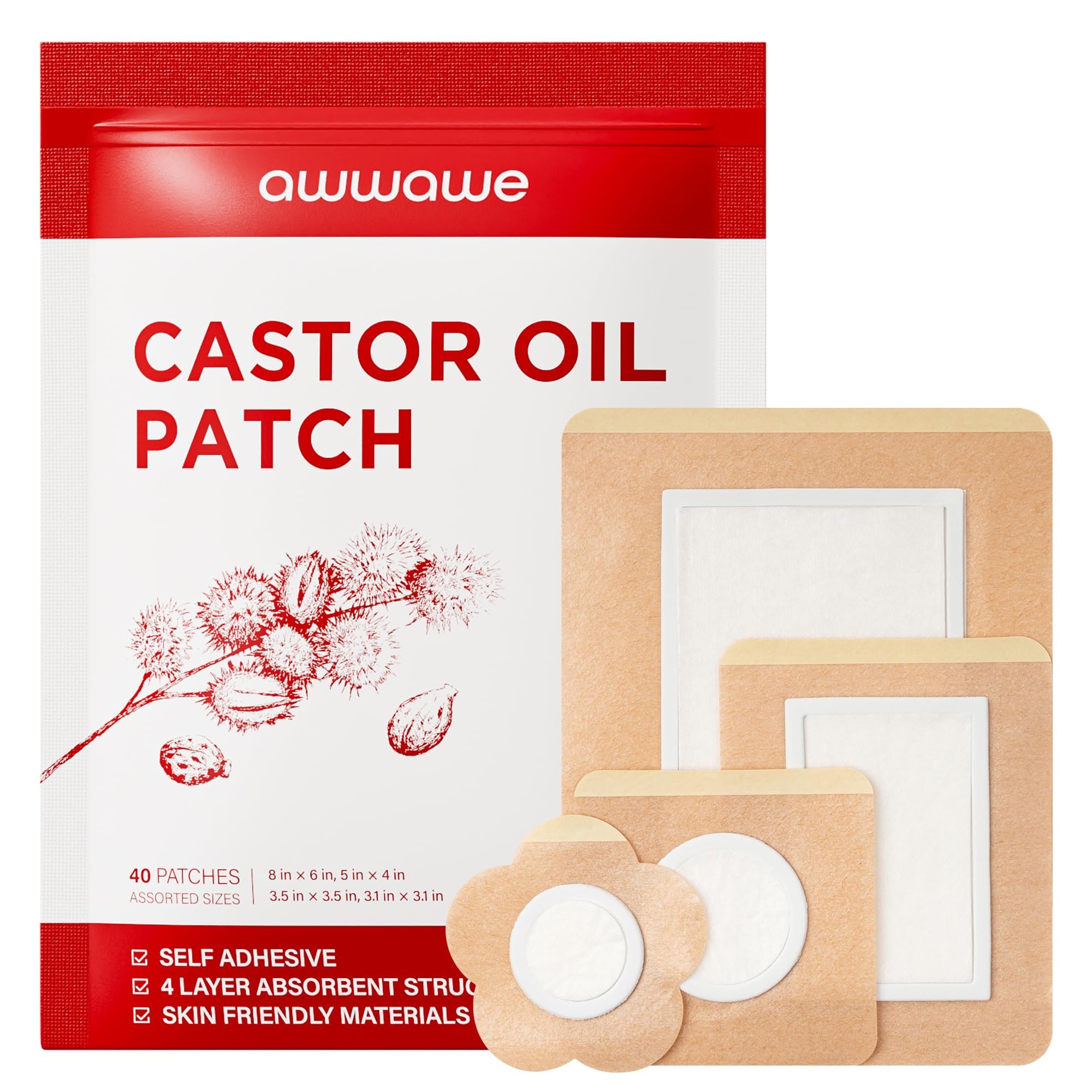 awwawe Castor Oil Pack Wrap (40 Count), 4 Sizes, Disposable Cotton Patches, Leak-Proof, Skin-Friendly and Breathable, for Belly, Joints and Body Care