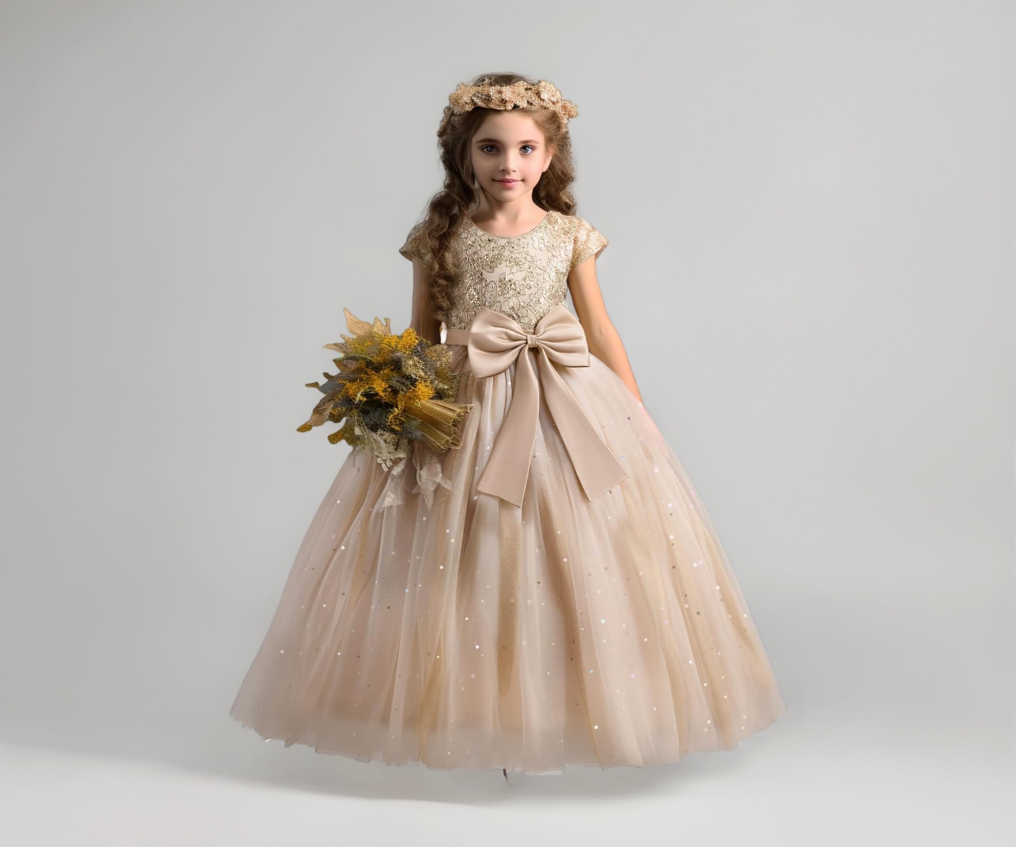 TTYAOVO Girls Floor Length Lace Princess Dress Girl Party Wedding Bridesmaid Dress Layered Puffy Tulle Dresses