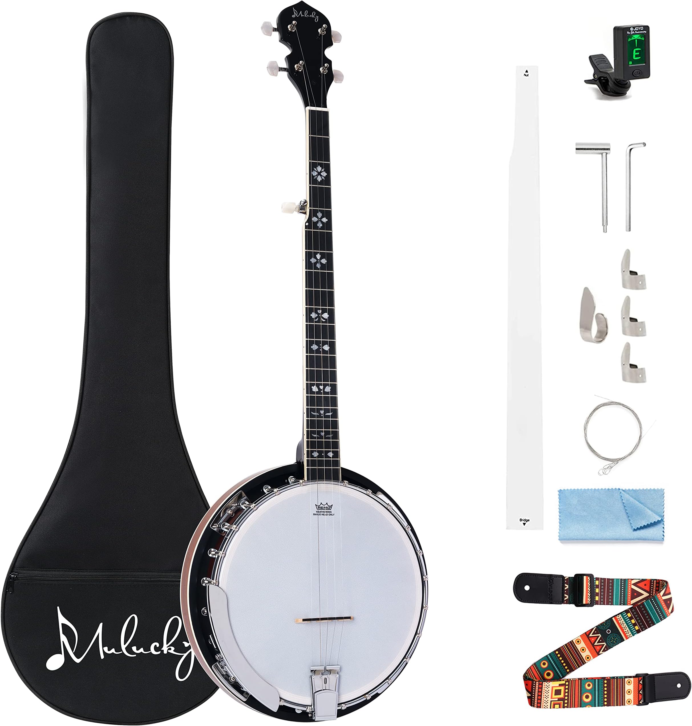 Mulucky 5 String Banjo - Large Size with 24 Brackets with Remo Head, Closed Solid Wood Back, Resonator Banjos, Geared 5th Tuner, Package with Beginner Kit - B1101