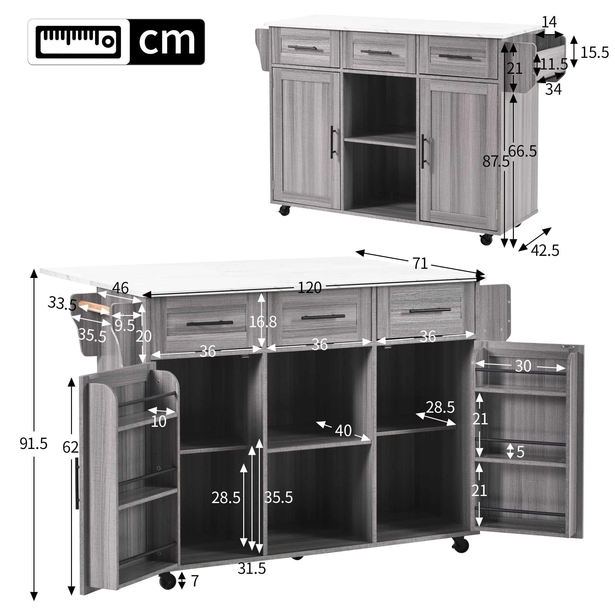Isola della cucina con piano di lavoro pieghevole, carrello da portata mobile con 3 cassetti/2 armadietti/piedini in legno massello intercambiabili, 129 x 46 (71) x 91,5 cm