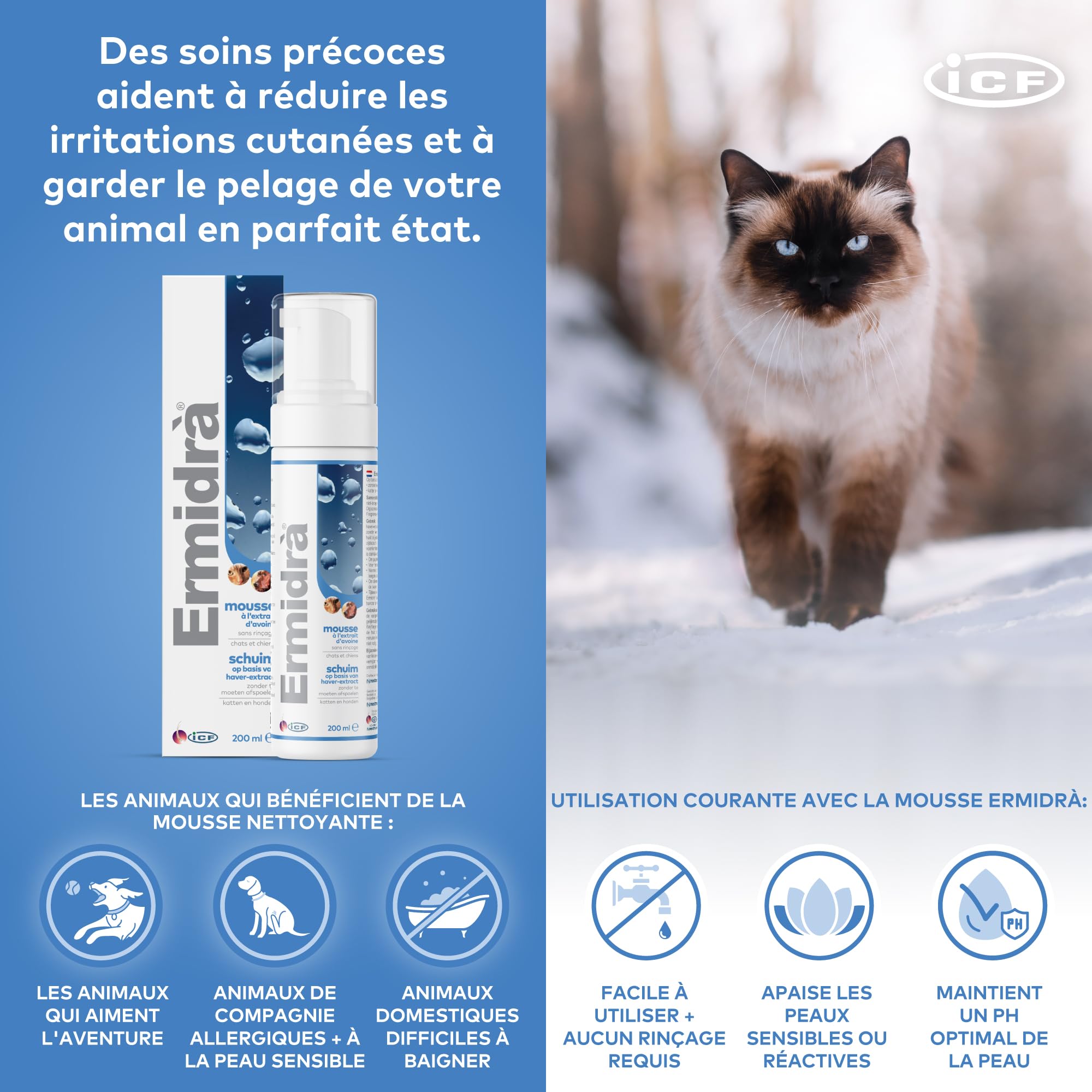 ICF Ermidrà Foam pour Chien et Chat | Soin Réhydratant sans Rinçage | 200 ML | Foam Apaisante Hydratante