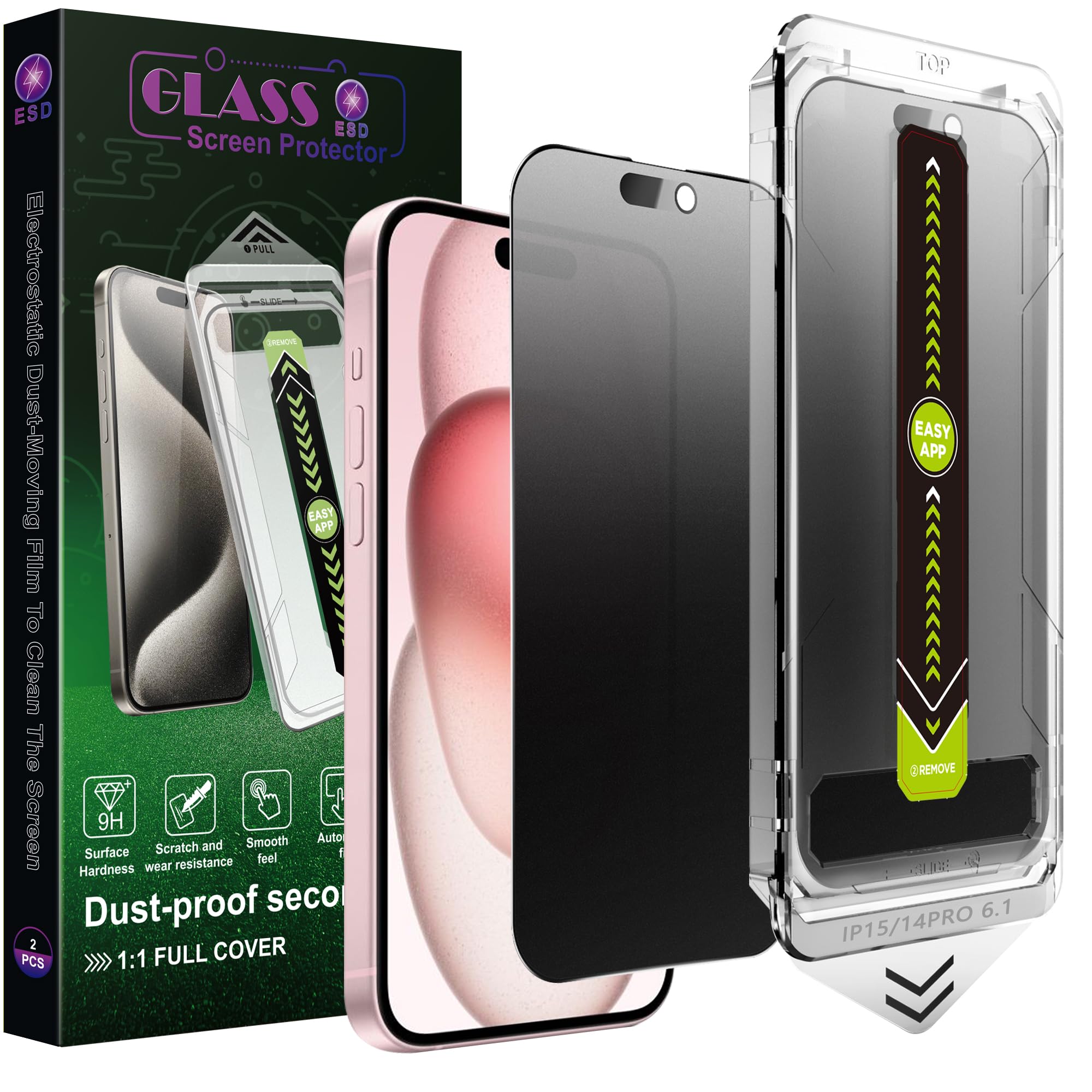 SY SHANGYAN 2 Pack Matte Privacy Screen Protector for iPhone 16, 15, 14 Pro 6.1-Inch, Auto Dust Removal, Anti-Spy Tempered Glass Film