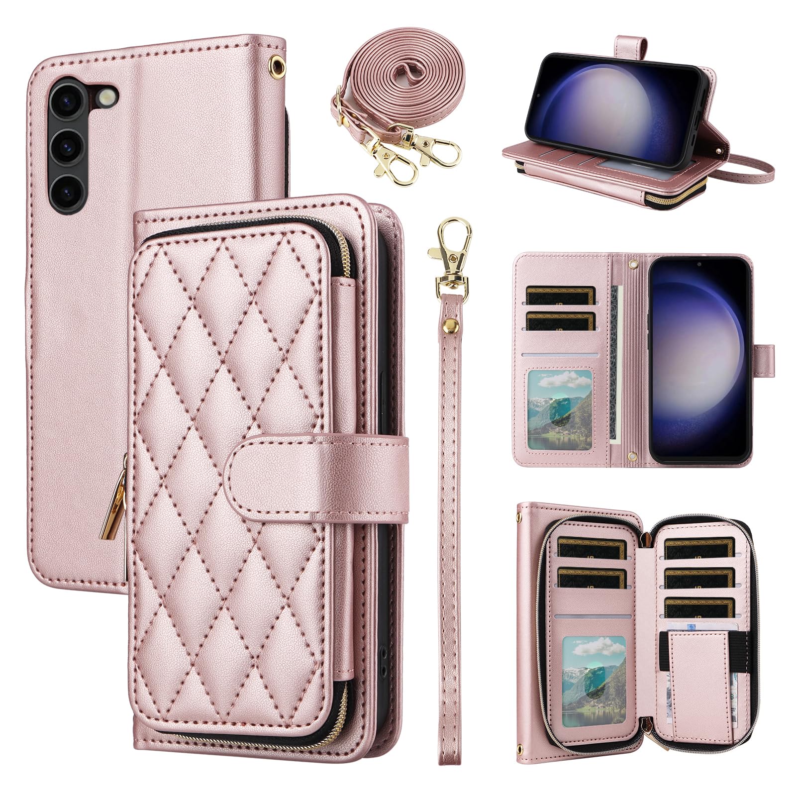 Furiet Wallet Case for Samsung Galaxy S23 5G with Detachable Wrist Strap 9+ Card Slots Zipper Purse Luxury PU Leather Stand Full Body Phone Cover for