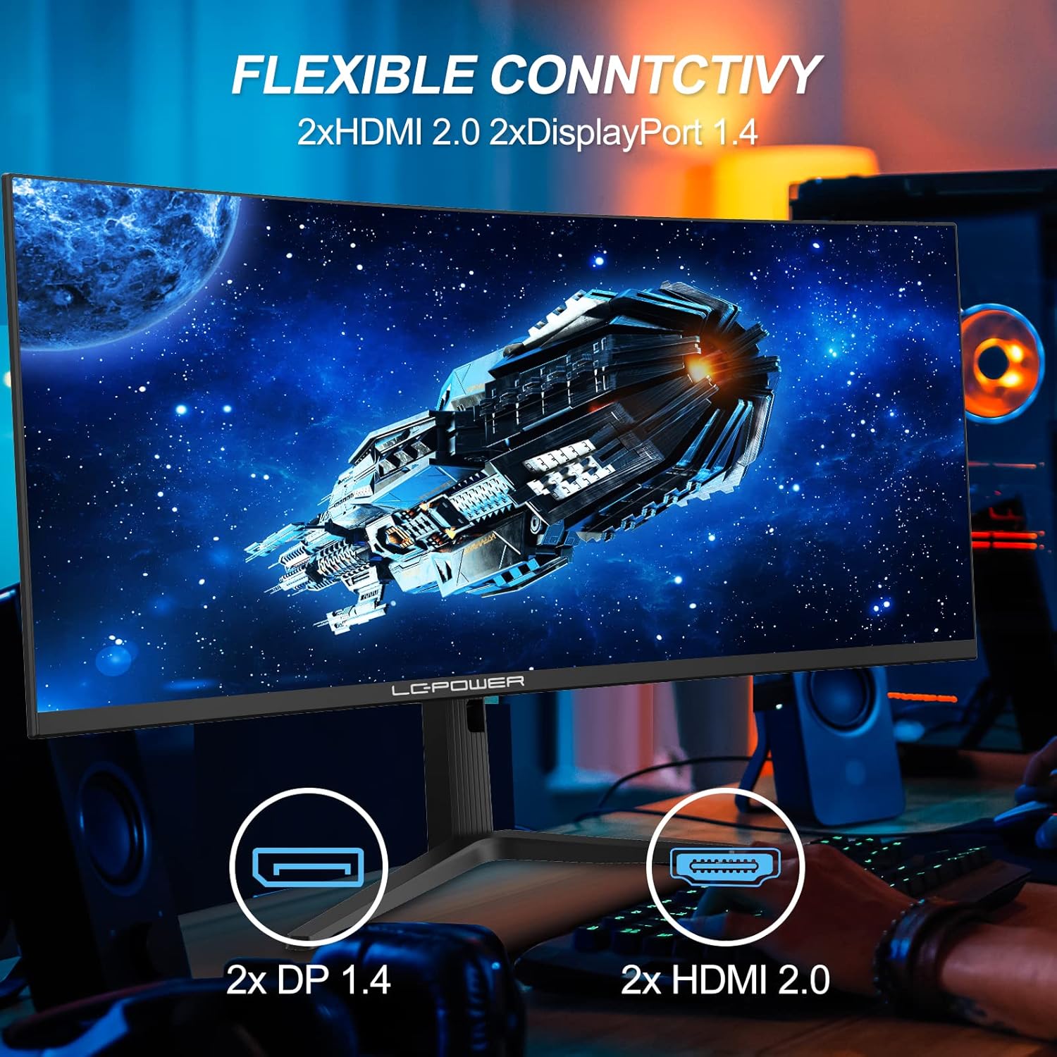 LC-Power Gaming Curved Monitor 35 UWQHD VA, 3440x1440, AMD FreeSync 120 Hz, 1800R, 2x DP 1.4, 2x HDMI 2.0, PIP/PBP, Flicker Safe, Nero