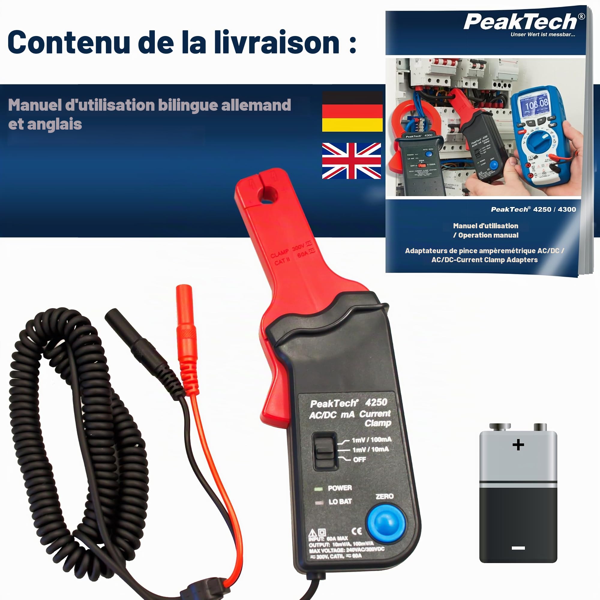 PeakTech P 4250 Adaptateur de pince de courant pour multimètre AC/DC avec fiches de 4 mm Réglage du zéro pour ampérométrie en courant continu