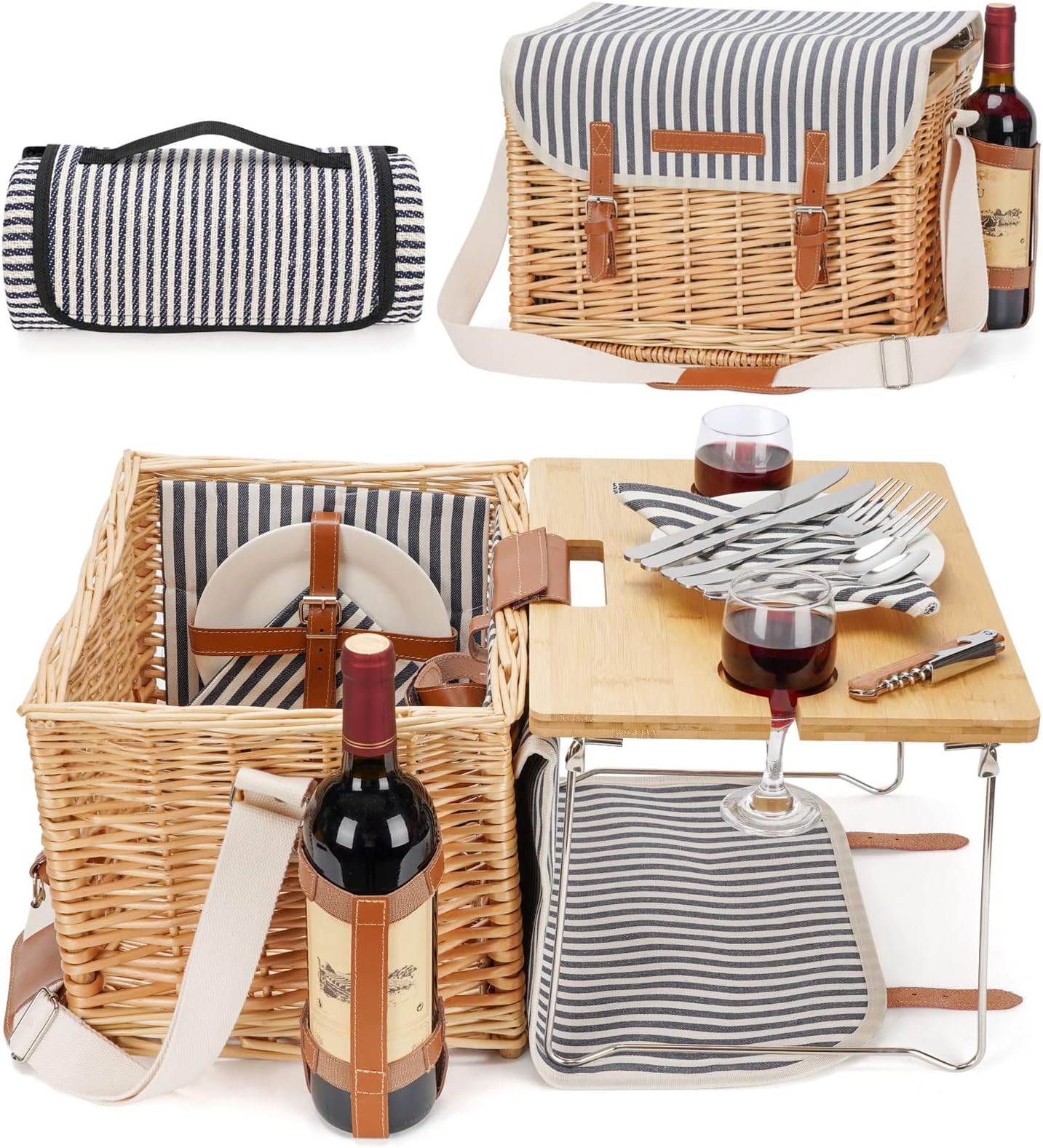 Wicker Picnic Basket for 2 with Detachable Table, Elasticated Wine Holder, Shoulder Carrying Willow Picnic Hamper Set with Premium Tableware & Blanket for Outdoor, Wedding, Anniversary, Birthday Gift