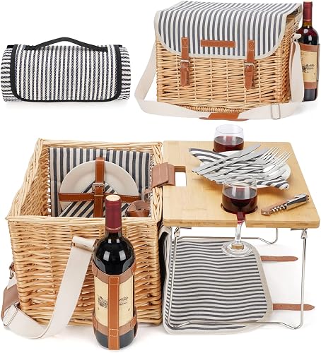Wicker Picnic Basket for 2 with Detachable Table, Elasticated Wine Holder, Shoulder Carrying Willow Picnic Hamper Set with Premium Tableware & Blanket for Outdoor, Wedding, Anniversary, Birthday Gift