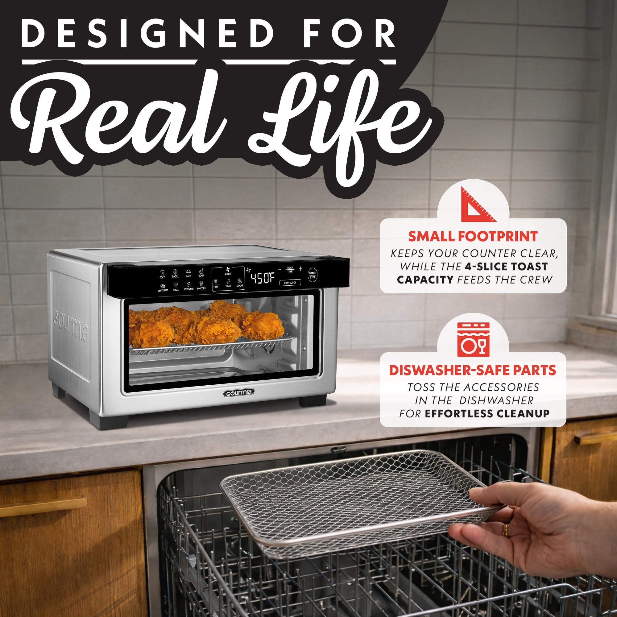 Gourmia Toaster Oven Digital Air Fryer - Convection Mode with 4 Slice Capacity, 3 Rack Positions, 12 Presets, Toast, Bagel, Bake, Roast, Broil, Dehydrate, Popcorn, Fits 9" Pizza, Stainless Steel — view 6