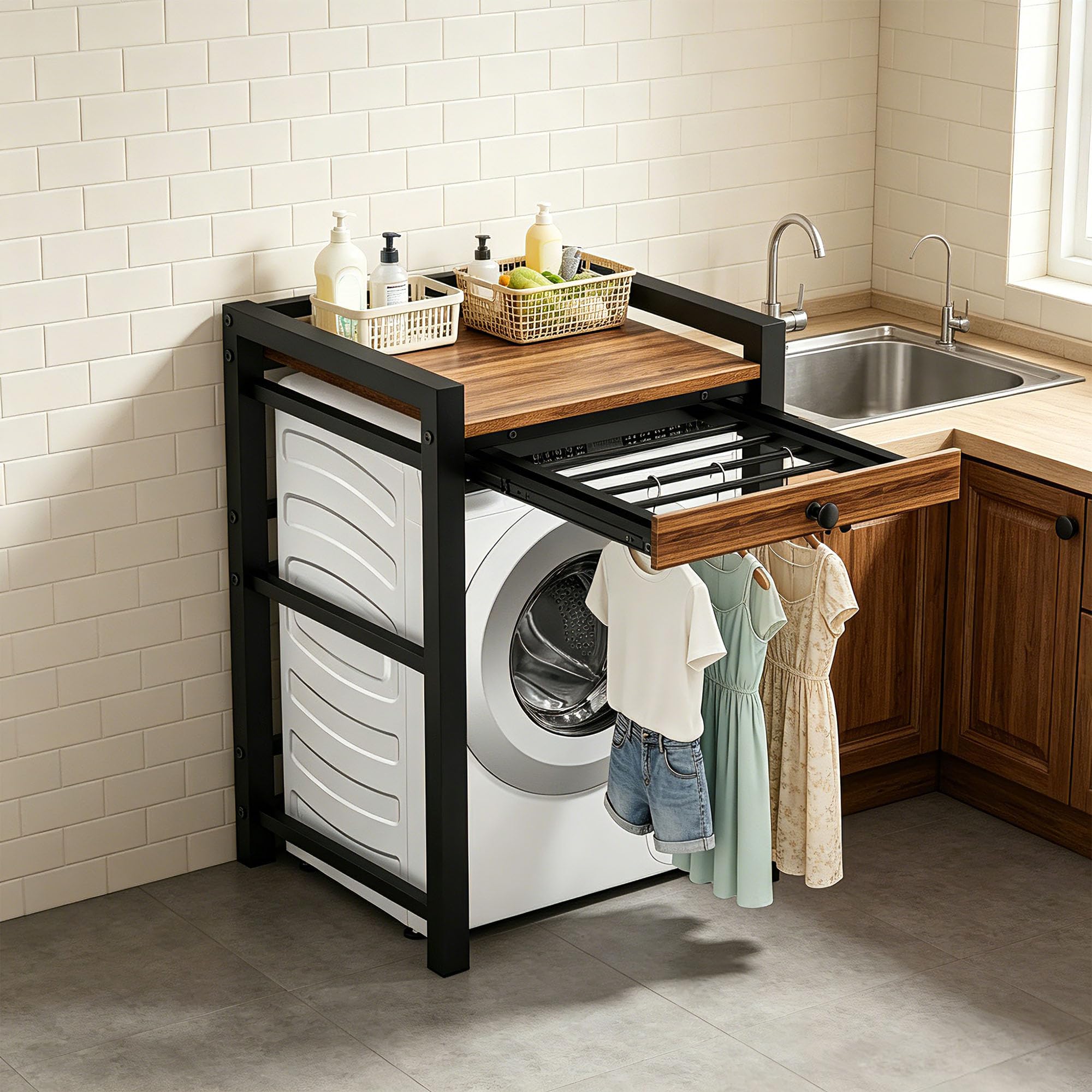 Höhenverstellbarer Waschmaschinen-Trockner-Schrank – Metallregal Mit 3 Stufen (5-cm-Schritte), Max. 350 Kg Tragkraft, 65x75x105 Cm, In Weiß – Für Waschküche, Balkon, Badezimmer