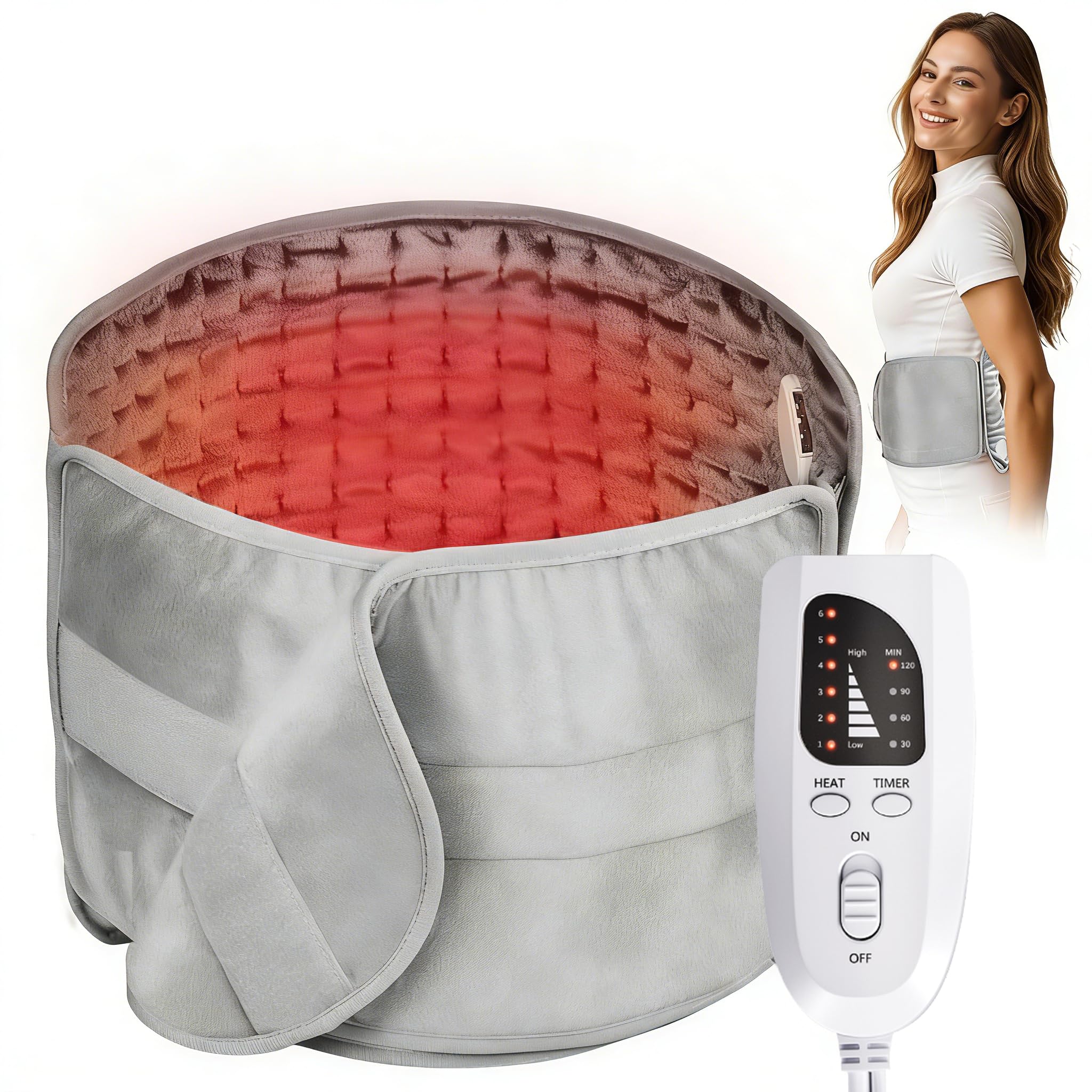 Ceinture Chauffante Lombaire avec Velcro Étendu et Élargi, 140x30cm Coussin Chauffante Électrique, 6 Températures & Minuterie 4H, Chauffage Rapide 15s, pour Dos, Ventre, Épaules - Lavable