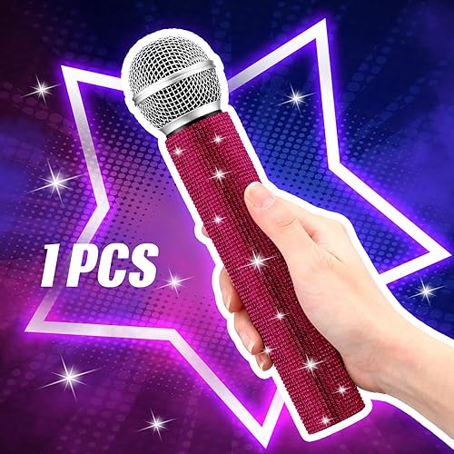 Miniatura 5 de Sanwuta Micrófono falso con diamantes de imitación brillantes para micrófono, micrófono de juego de plástico, micrófonos deslumbrantes con purpurina