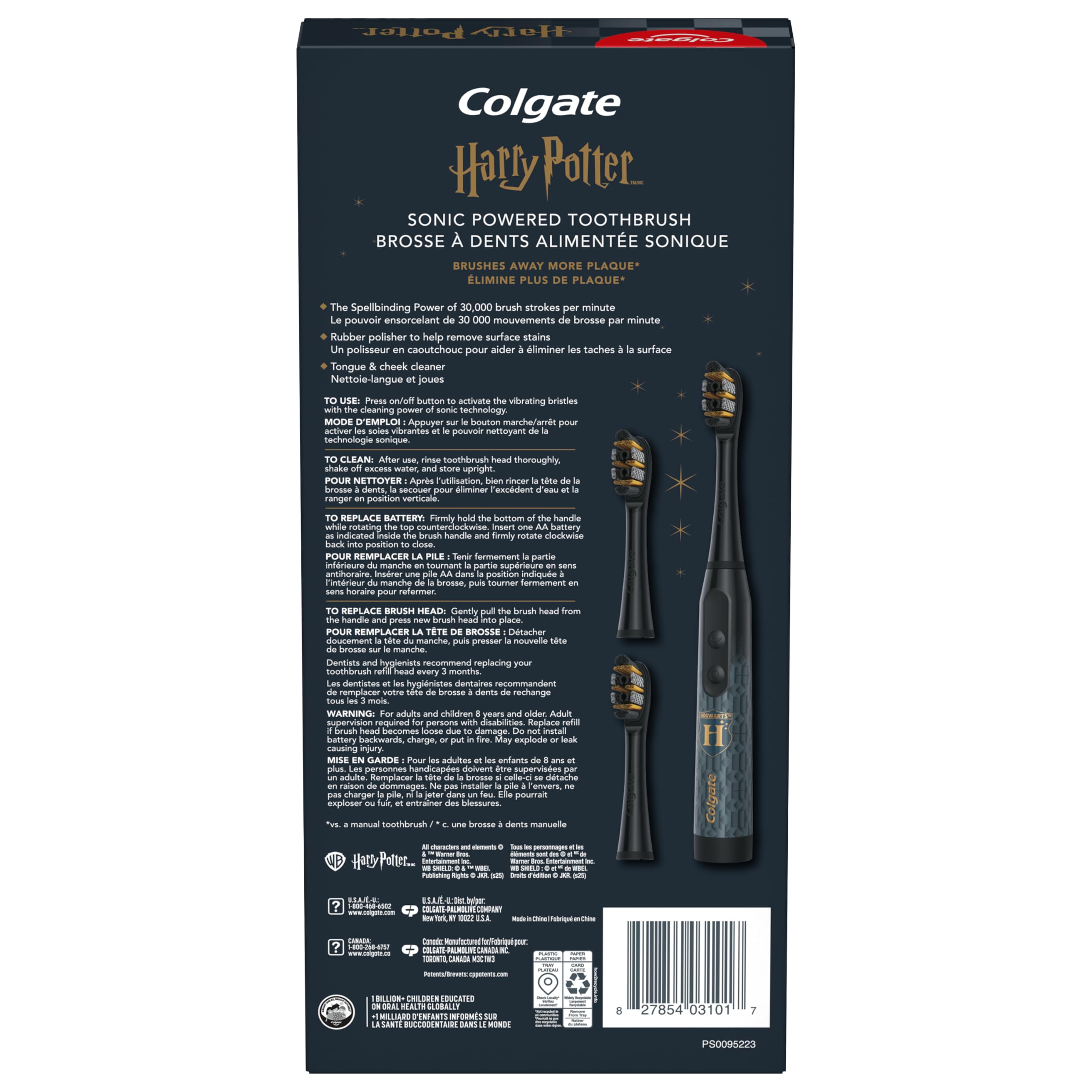 Colgate Harry Potter - Cepillo de dientes eléctrico con 2 cabezales de cepillo para adultos, funciona con pilas, suave