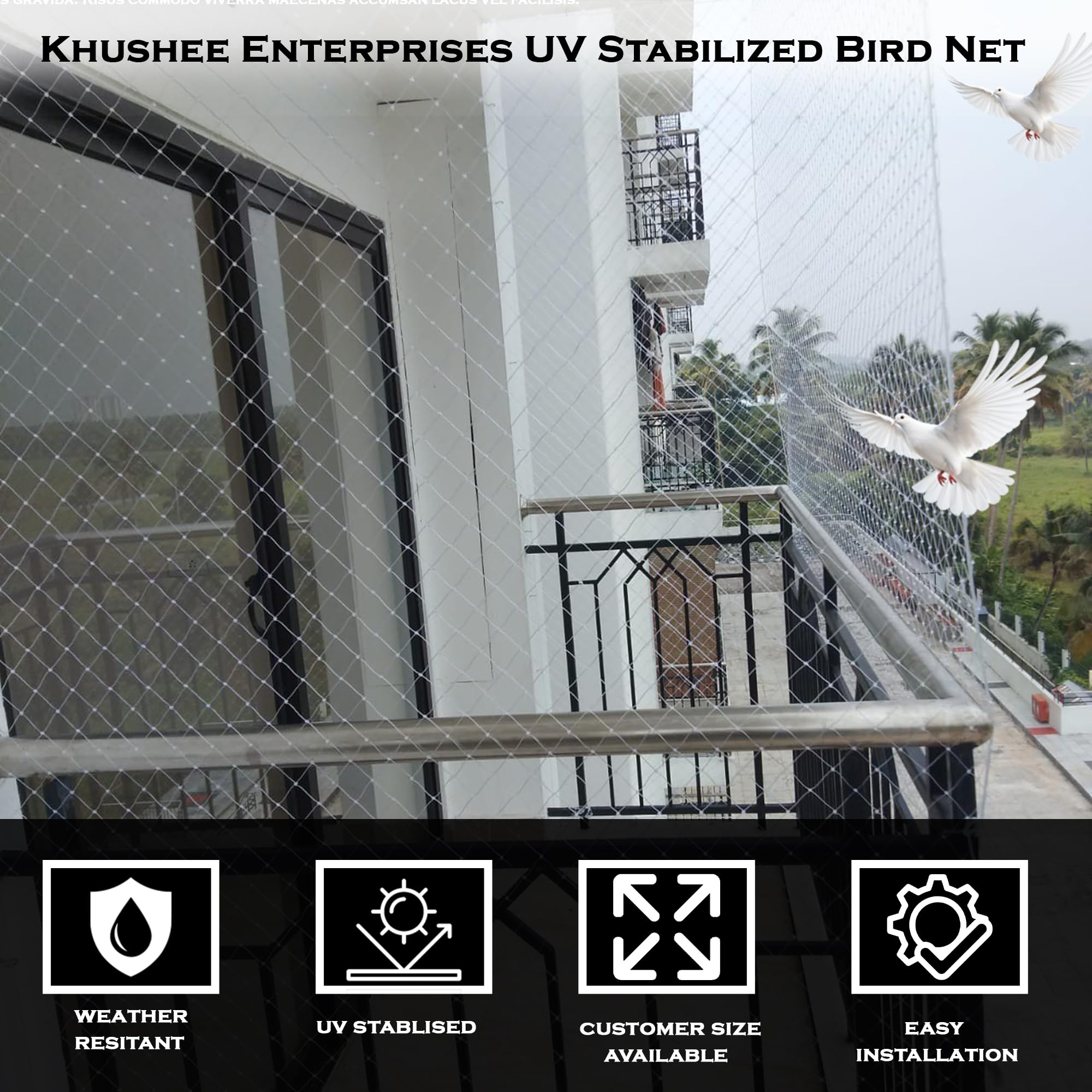 Khushee Enterprises UV Stabilized Bird Net/Anti Bird Net/Pigeon Net / 15 PLY with Attached Corner Ropes & Installation Kit/Size- (3 X 5 FT) 3
