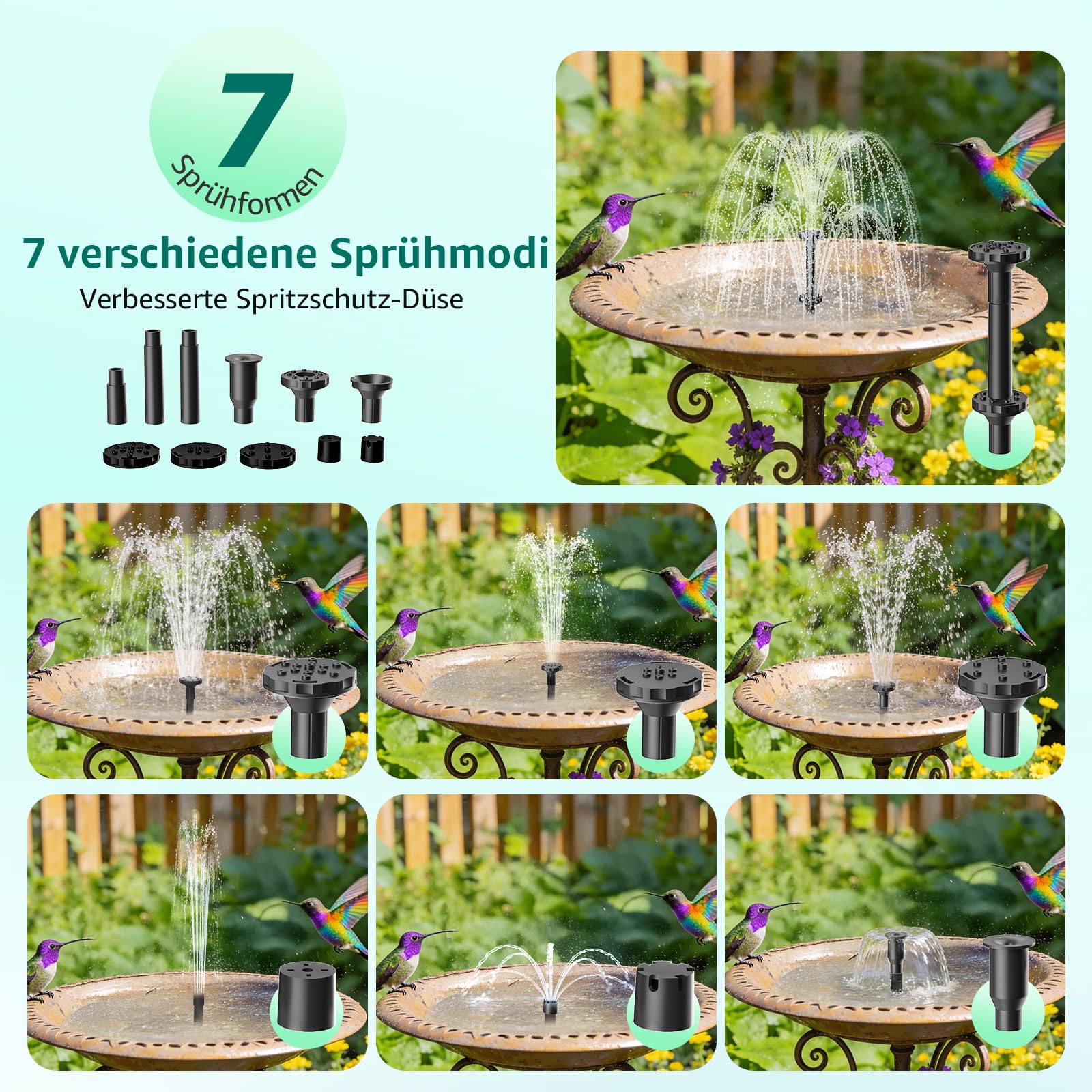 Solarbrunnenpumpe mit Akku 8.5W 3200mAh Doppelschichtdüsen 7 Sprühmodi 1.5m PVC-Schlauch Teichbrunnen