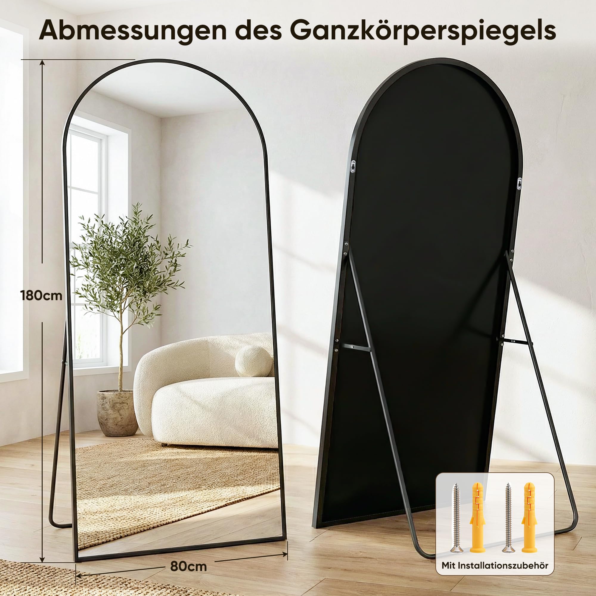 Miroir complet 180 x 82 cm, miroir sur pied bombé, cadre en alliage d'aluminium, noir