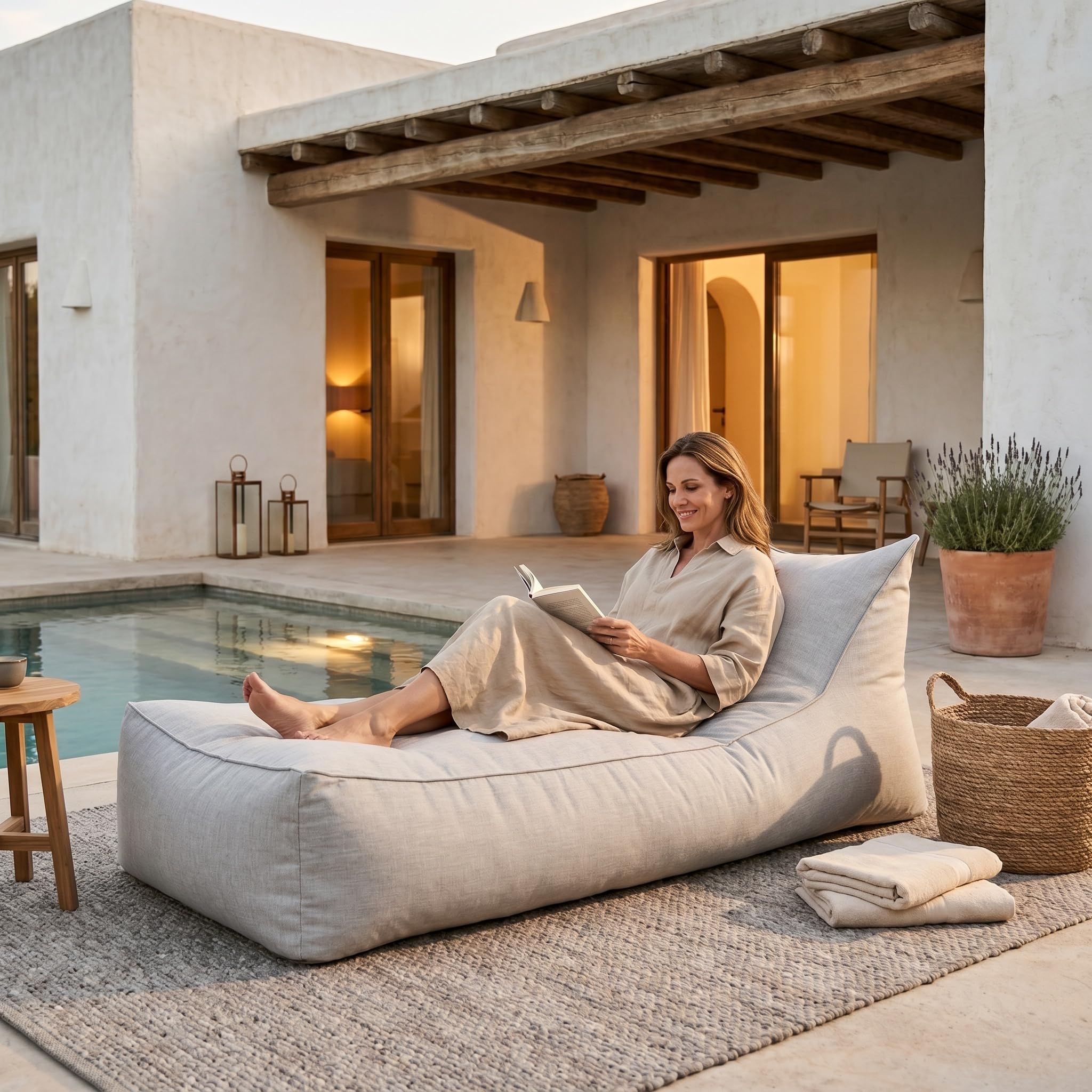 Aiire Pouf d'extérieur géant long 180 x 80 x 70 cm avec rembourrage inclus pour jardin, terrasse ou salon Gris