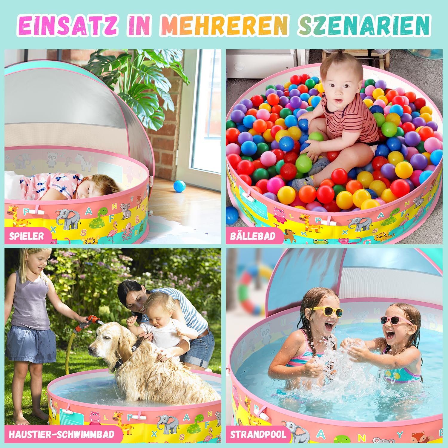 Baby Planschbecken mit Dach UV Schutz 50+ Pop-Up Strandmuschel 4 in 1 Portabler Baby Pool mit Sonnenschutz