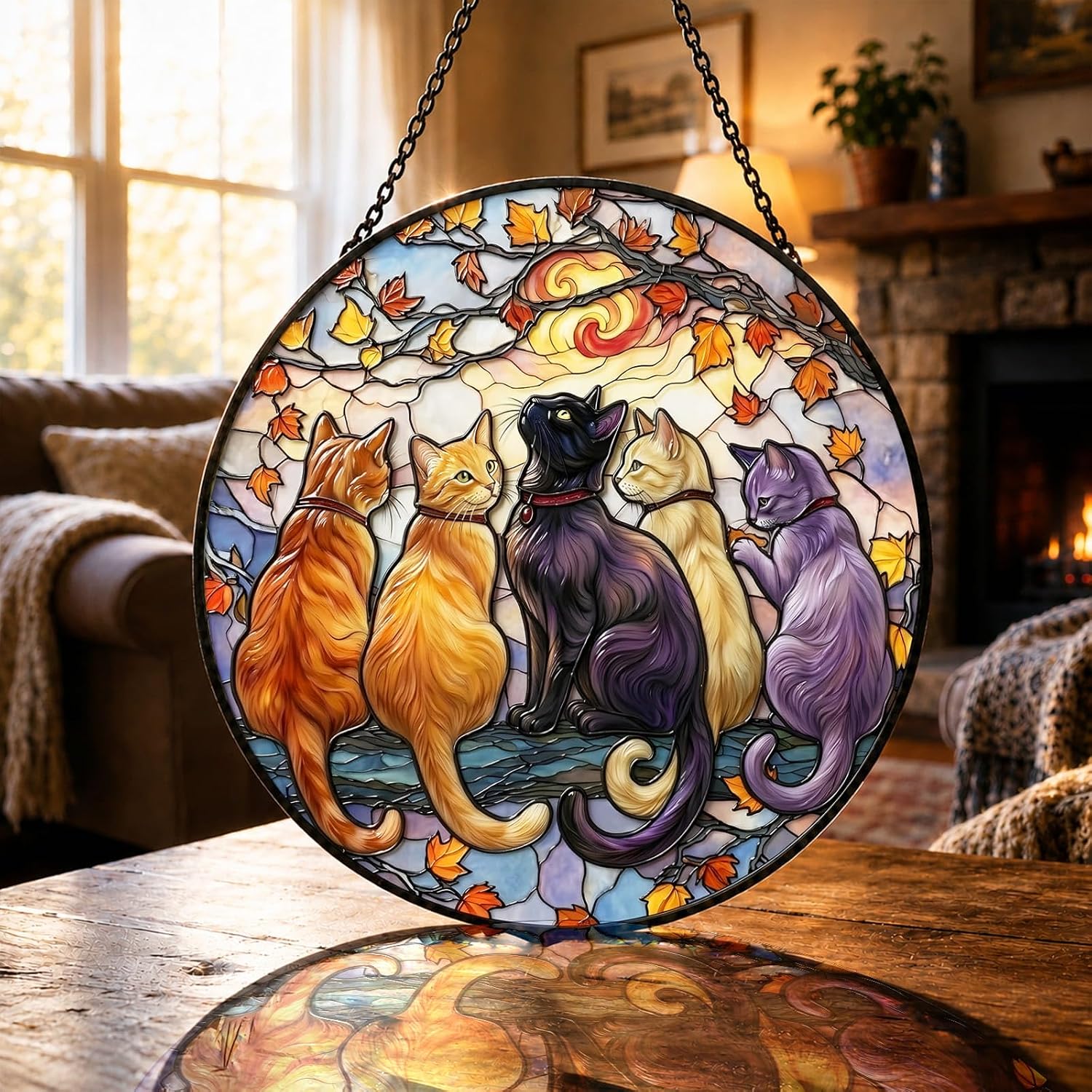 Stained Glass Window Hanging, Five Cats 3D Embossed Diamond Glass Suncatcher, Basic 3-Piece Set